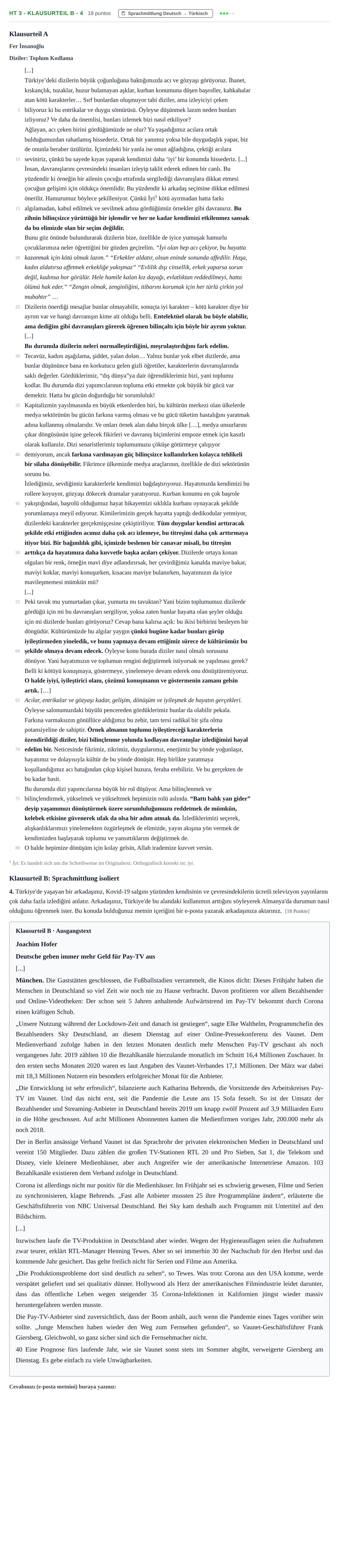 Aufgabenstellung: Aufgabe HT 3 - Klausurteil B - 4 · Abitur NRW Türkisch GK · Haupttermin · fortgeführt 2021