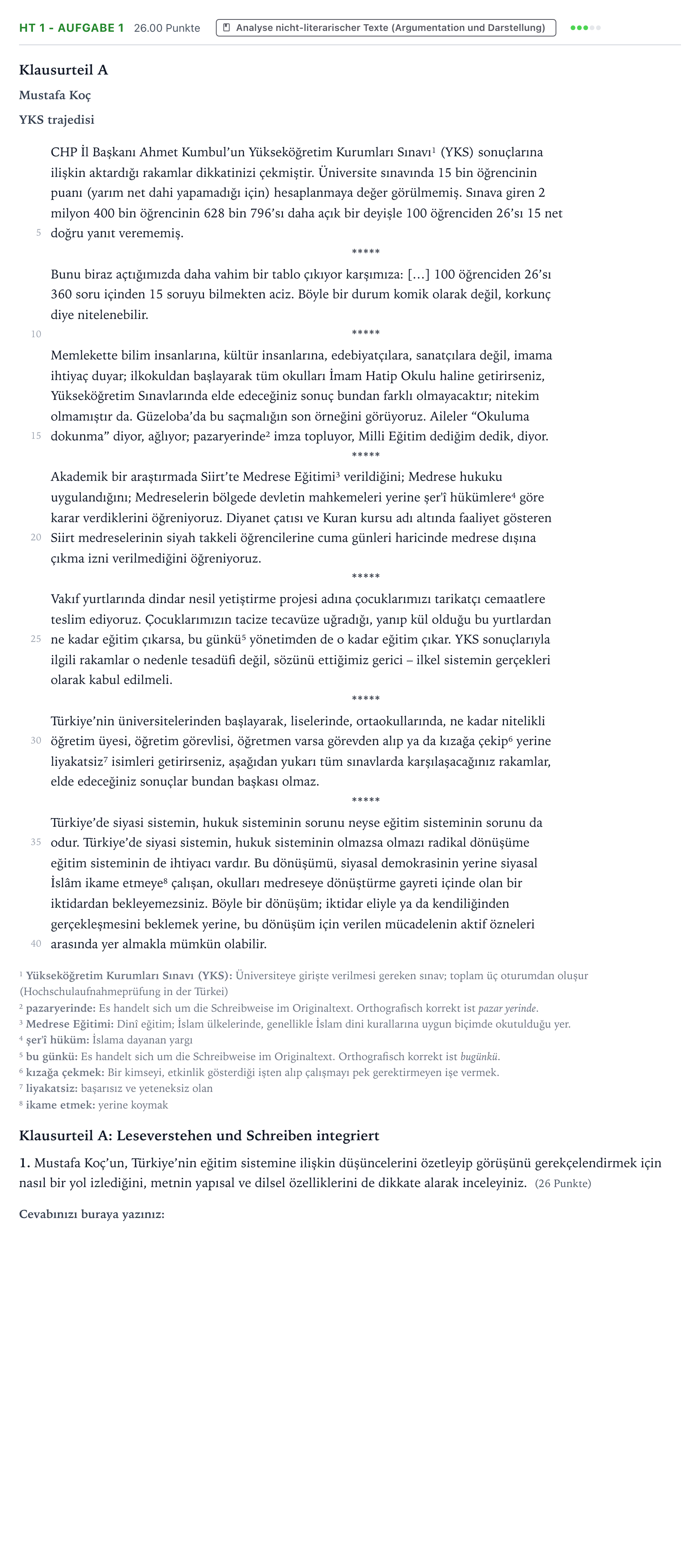 Aufgabenstellung: Aufgabe HT 1 - Aufgabe 1 · Abitur NRW Türkisch GK · Haupttermin · neu einsetzend 2021
