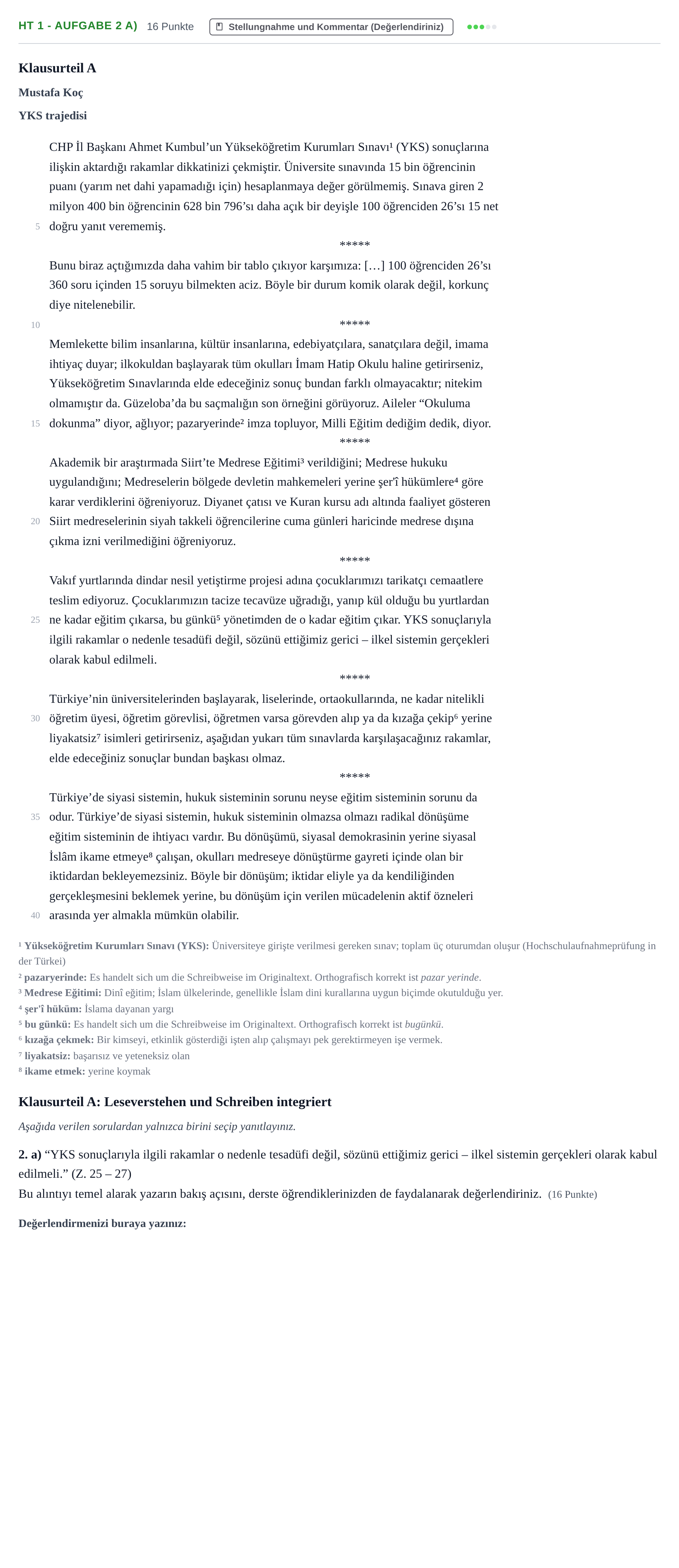 Aufgabenstellung: Aufgabe HT 1 - Aufgabe 2 a) · Abitur NRW Türkisch GK · Haupttermin · neu einsetzend 2021