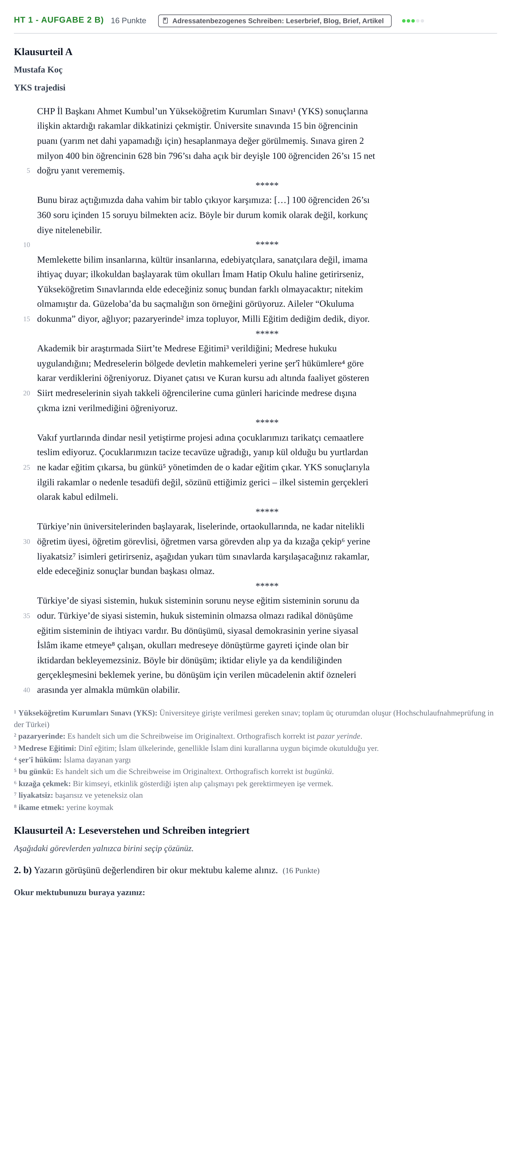 Aufgabenstellung: Aufgabe HT 1 - Aufgabe 2 b) · Abitur NRW Türkisch GK · Haupttermin · neu einsetzend 2021