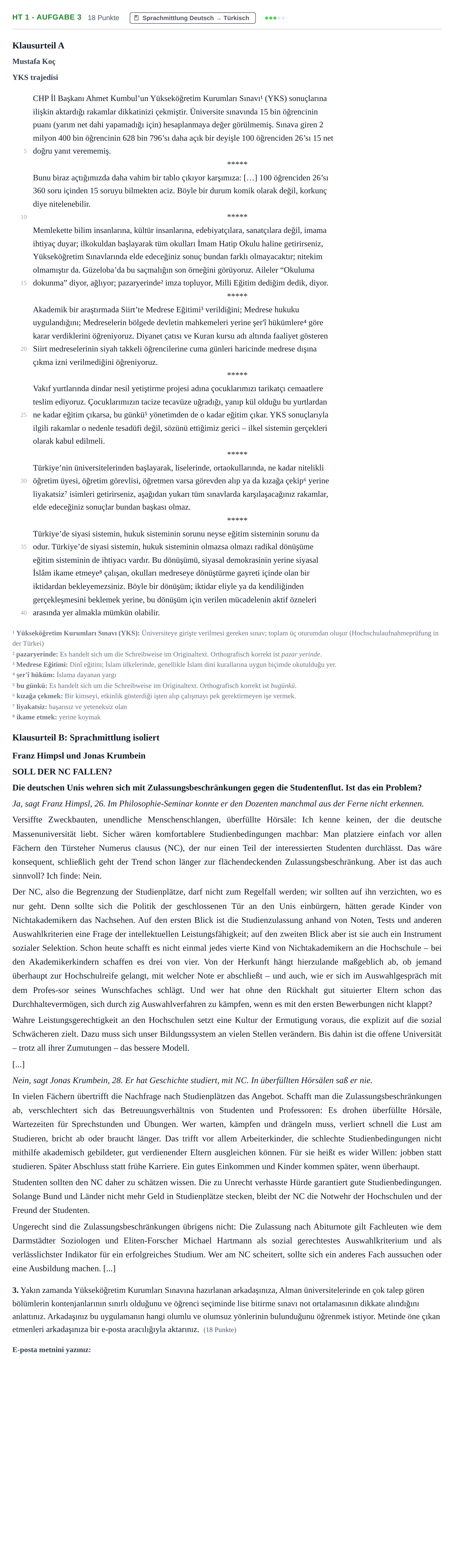Aufgabenstellung: Aufgabe HT 1 - Aufgabe 3 · Abitur NRW Türkisch GK · Haupttermin · neu einsetzend 2021