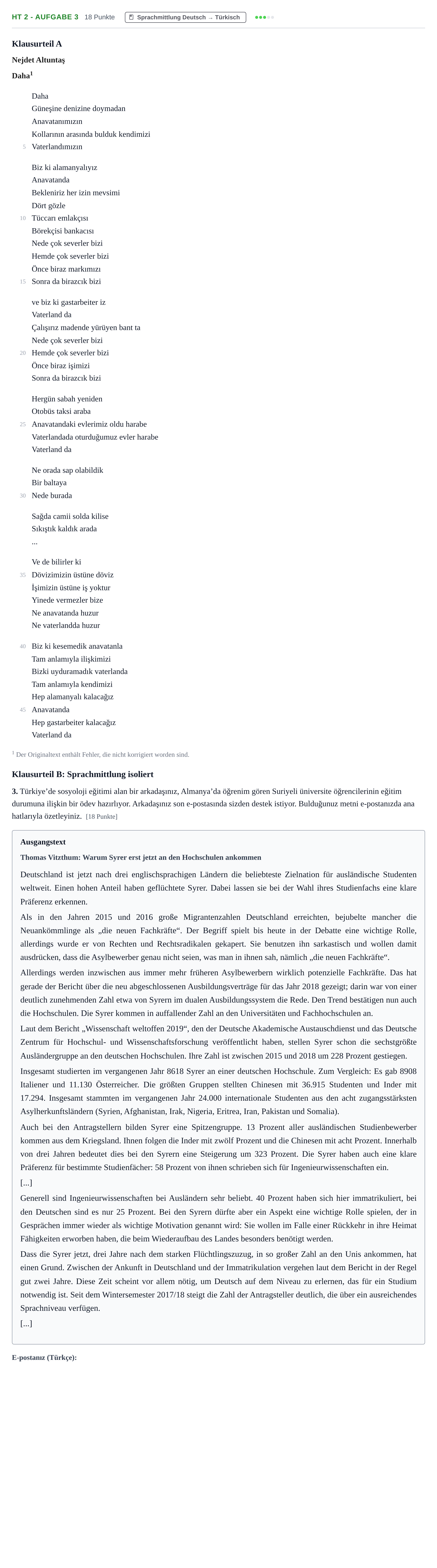 Aufgabenstellung: Aufgabe HT 2 - Aufgabe 3 · Abitur NRW Türkisch GK · Haupttermin · neu einsetzend 2021