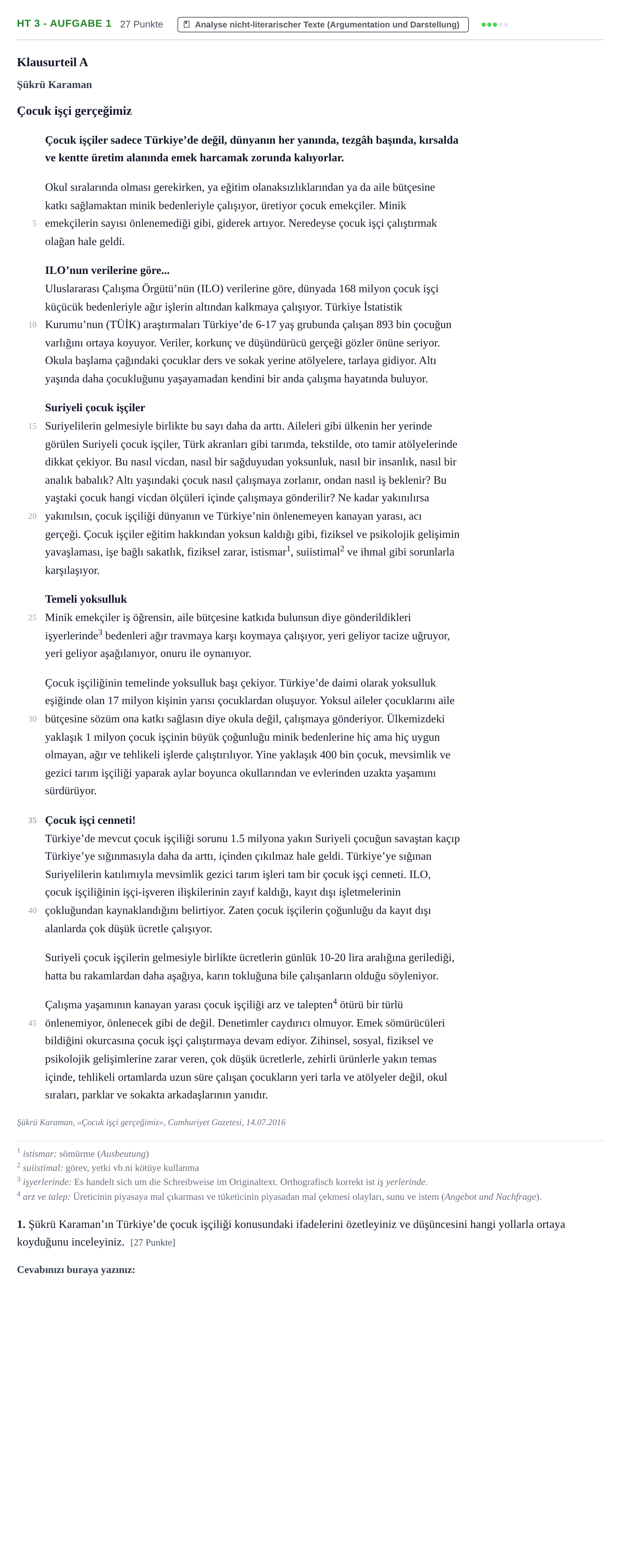 Aufgabenstellung: Aufgabe HT 3 - Aufgabe 1 · Abitur NRW Türkisch GK · Haupttermin · neu einsetzend 2021