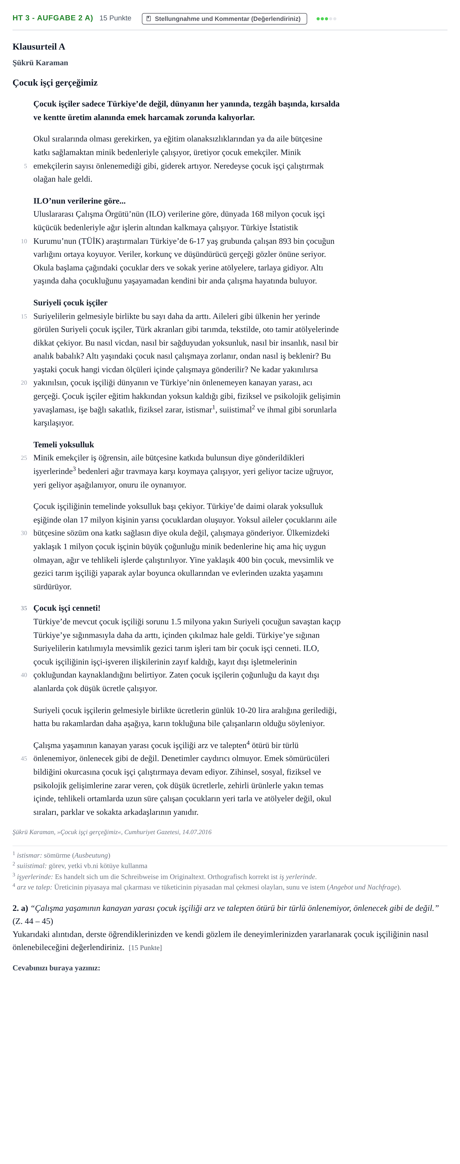 Aufgabenstellung: Aufgabe HT 3 - Aufgabe 2 a) · Abitur NRW Türkisch GK · Haupttermin · neu einsetzend 2021