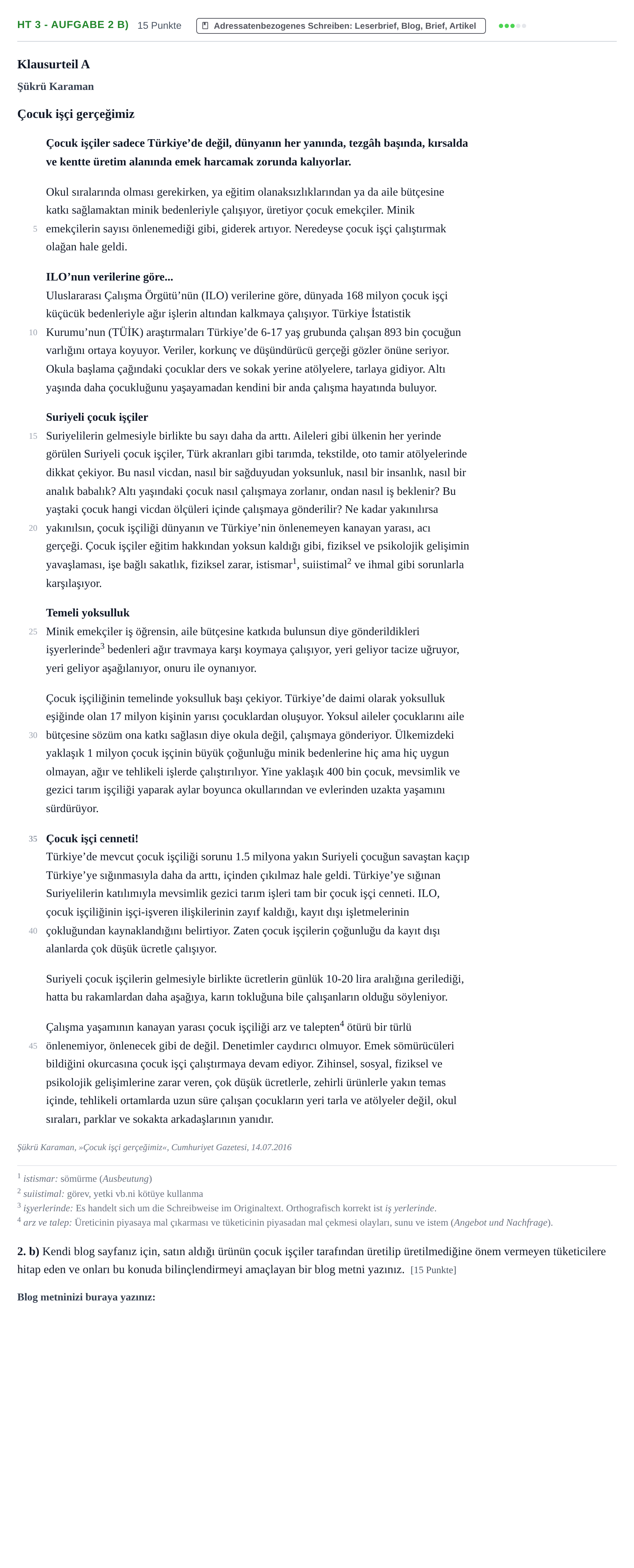 Aufgabenstellung: Aufgabe HT 3 - Aufgabe 2 b) · Abitur NRW Türkisch GK · Haupttermin · neu einsetzend 2021