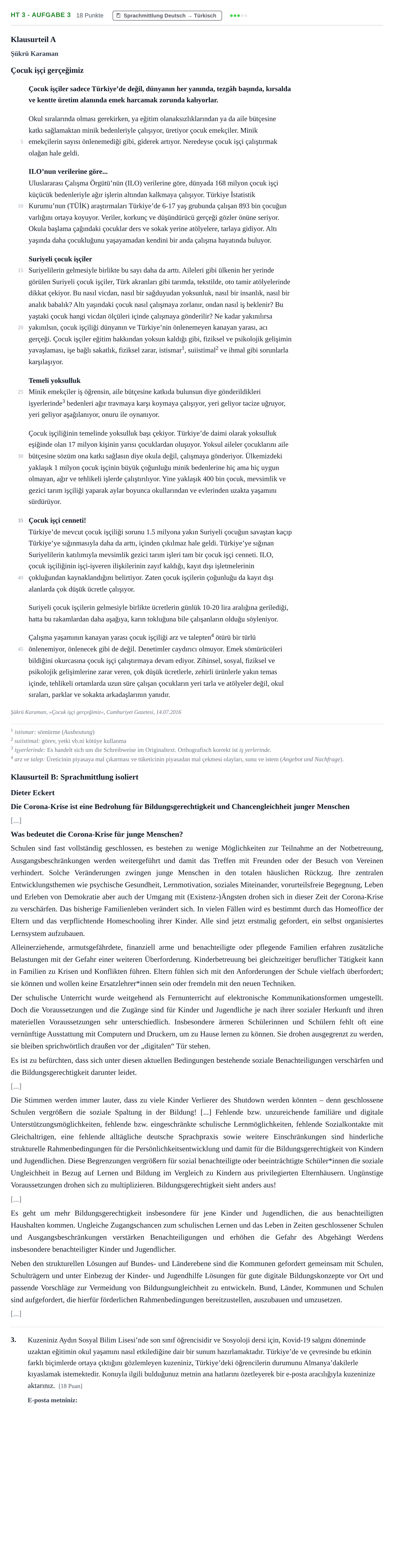 Aufgabenstellung: Aufgabe HT 3 - Aufgabe 3 · Abitur NRW Türkisch GK · Haupttermin · neu einsetzend 2021
