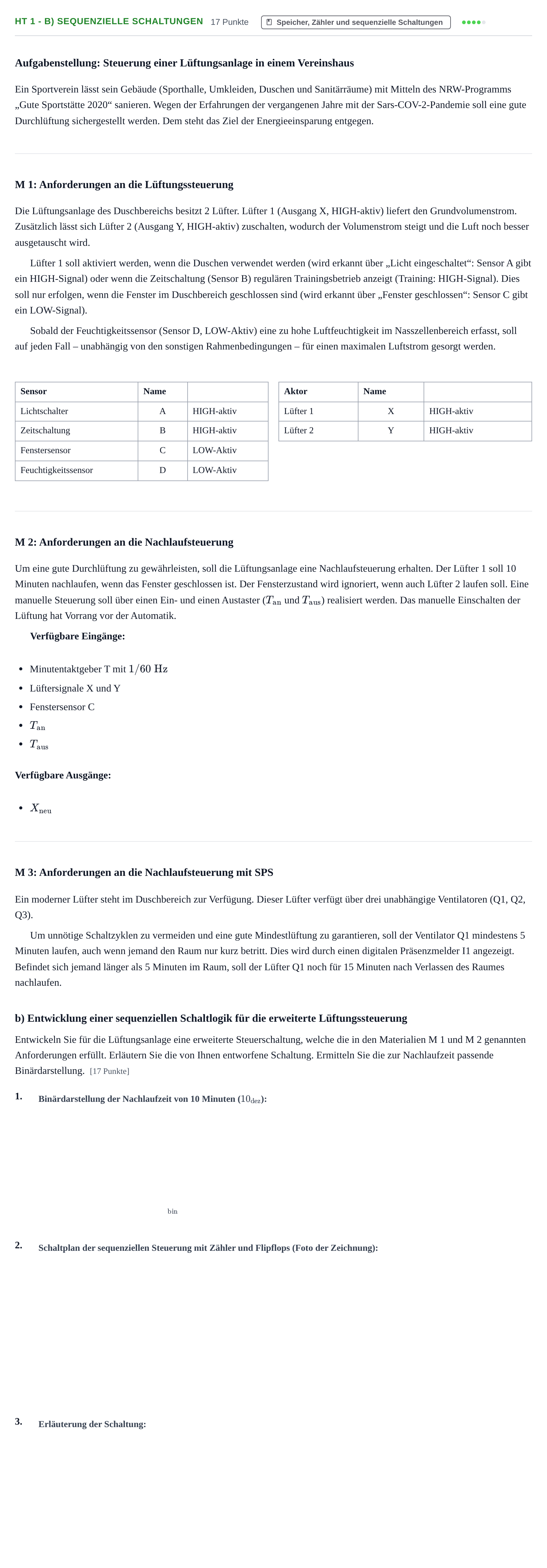 Aufgabenstellung: Aufgabe HT 1 - b) Sequenzielle Schaltungen · Abitur NRW Technik GK · Haupttermin 2023