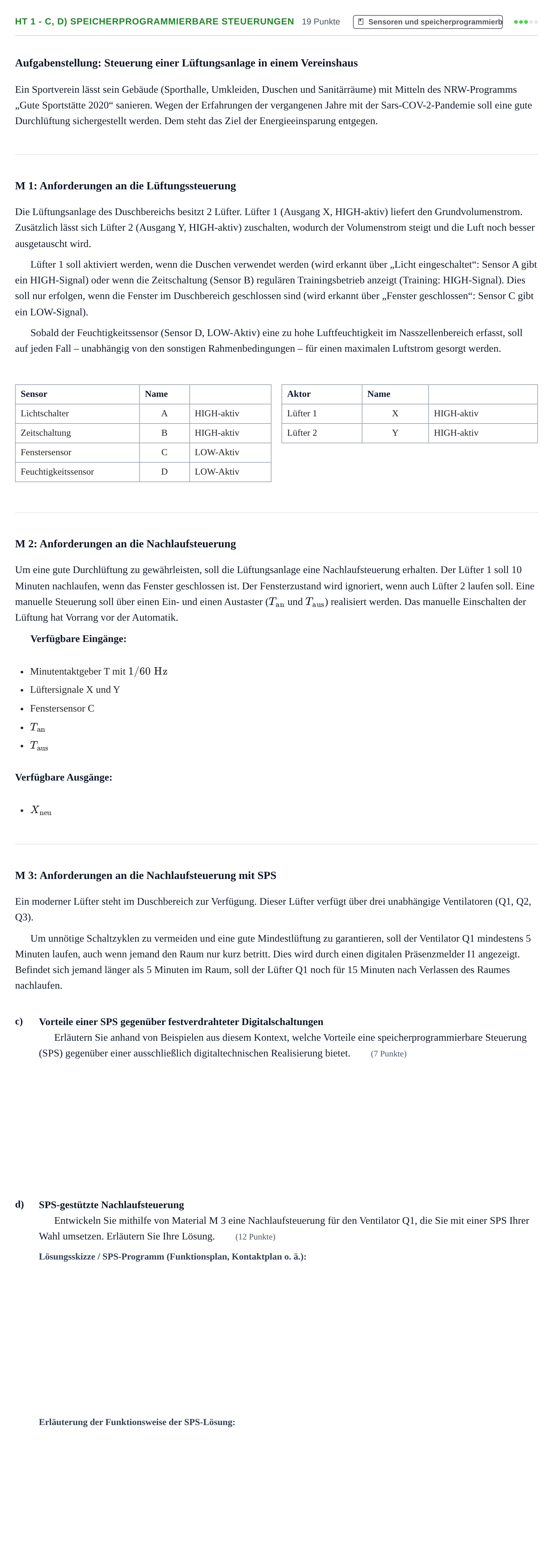 Aufgabenstellung: Aufgabe HT 1 - c, d) Speicherprogrammierbare Steuerungen · Abitur NRW Technik GK · Haupttermin 2023