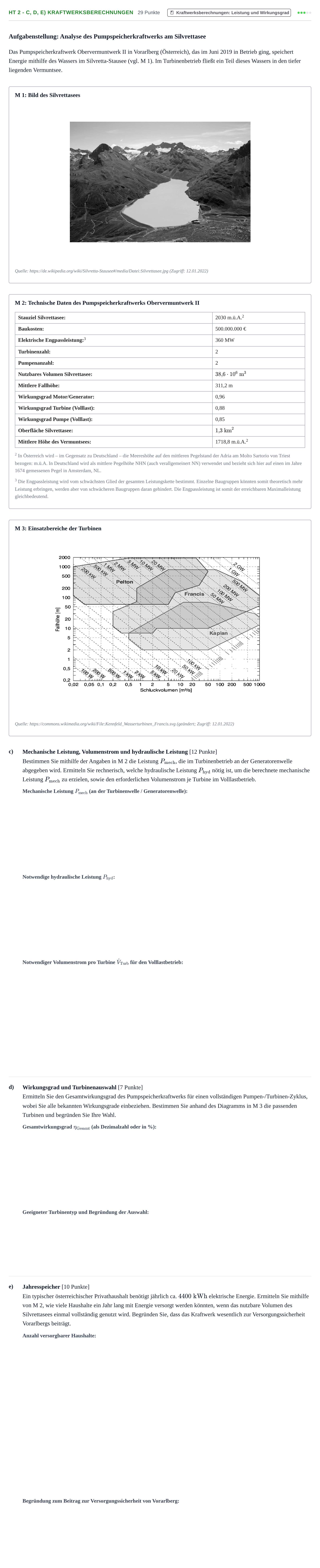Aufgabenstellung: Aufgabe HT 2 - c, d, e) Kraftwerksberechnungen · Abitur NRW Technik GK · Haupttermin 2023