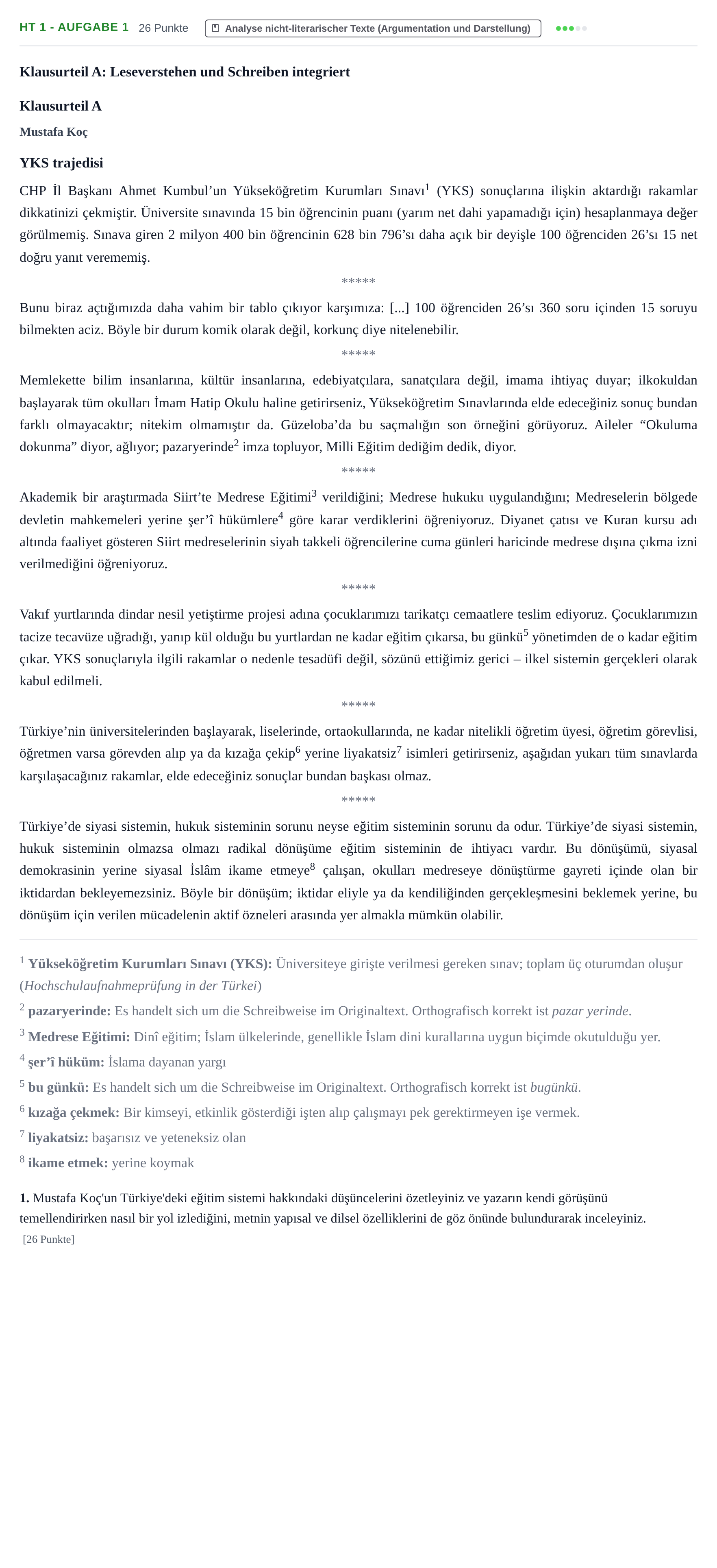 Aufgabenstellung: Aufgabe HT 1 - Aufgabe 1 · Abitur NRW Türkisch GK · Haupttermin · neu einsetzend · Weit 2021