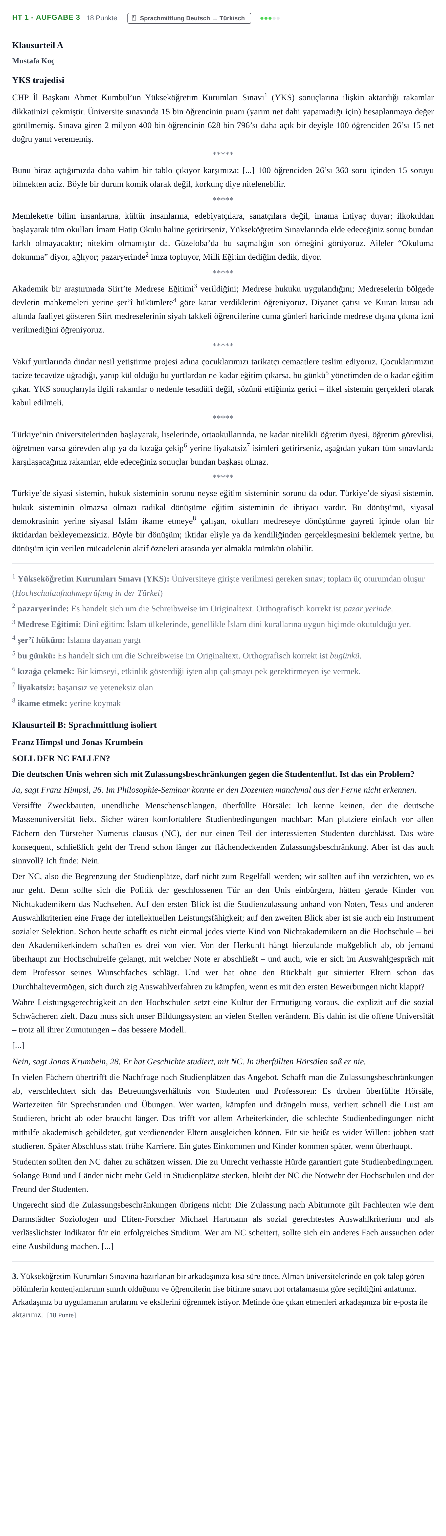 Aufgabenstellung: Aufgabe HT 1 - Aufgabe 3 · Abitur NRW Türkisch GK · Haupttermin · neu einsetzend · Weit 2021