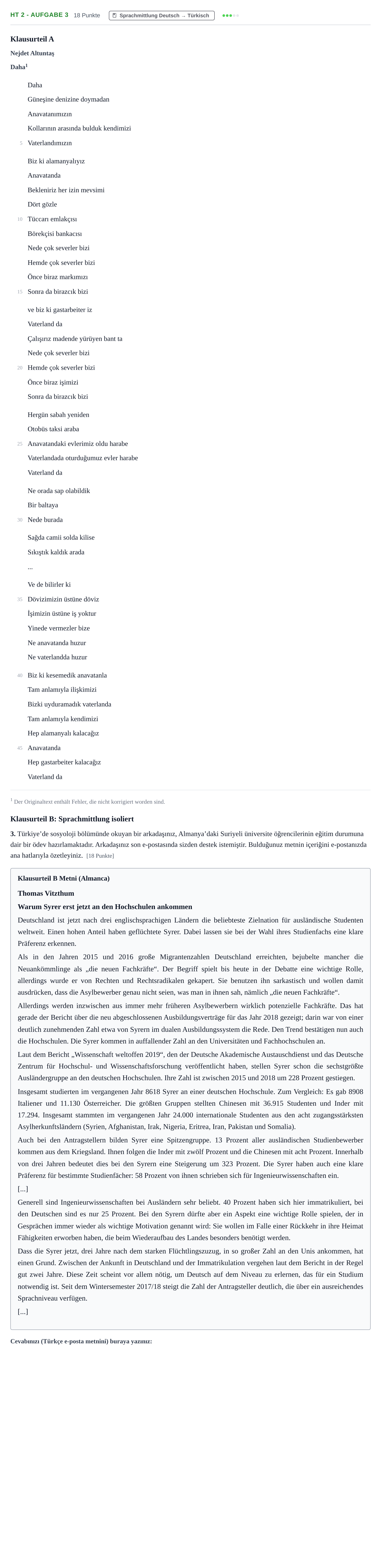 Aufgabenstellung: Aufgabe HT 2 - Aufgabe 3 · Abitur NRW Türkisch GK · Haupttermin · neu einsetzend · Weit 2021