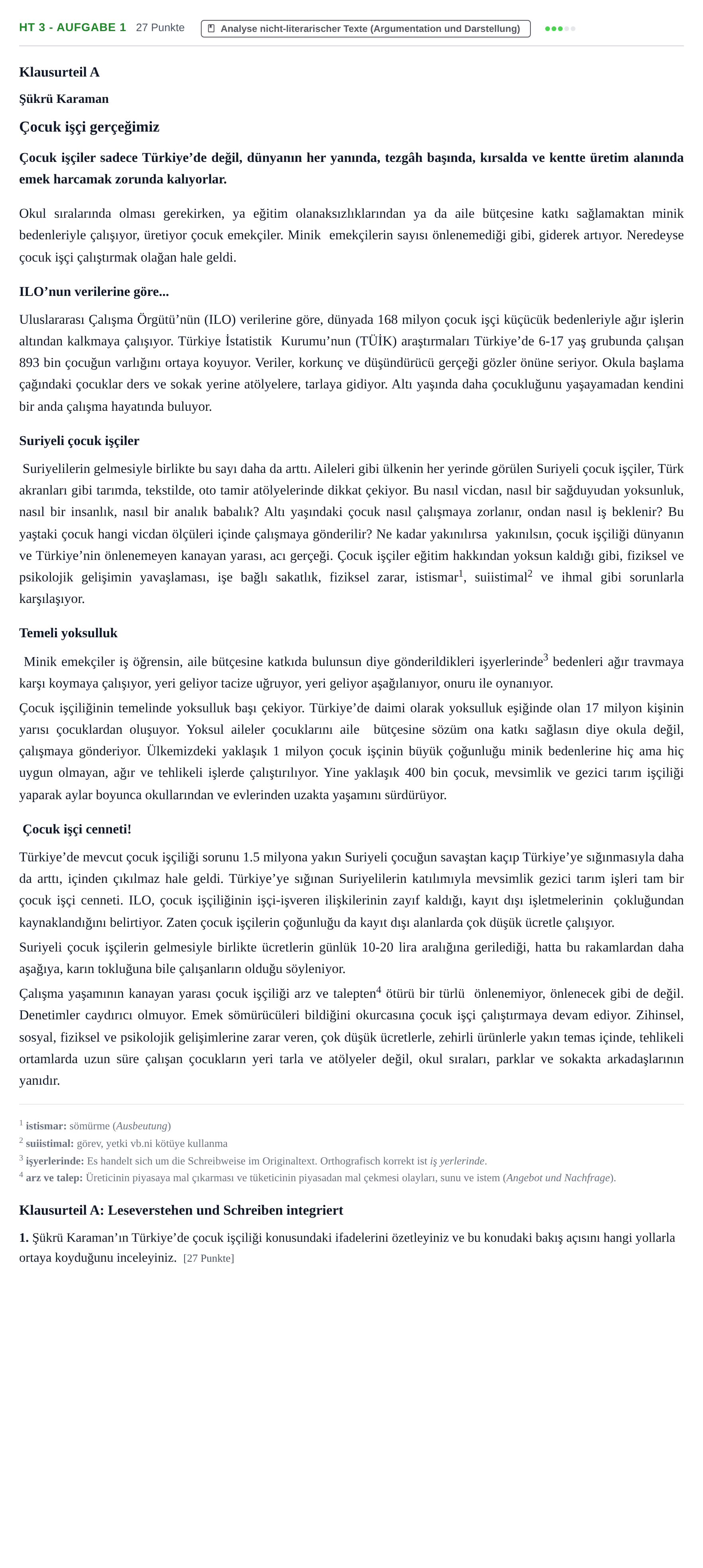 Aufgabenstellung: Aufgabe HT 3 - Aufgabe 1 · Abitur NRW Türkisch GK · Haupttermin · neu einsetzend · Weit 2021
