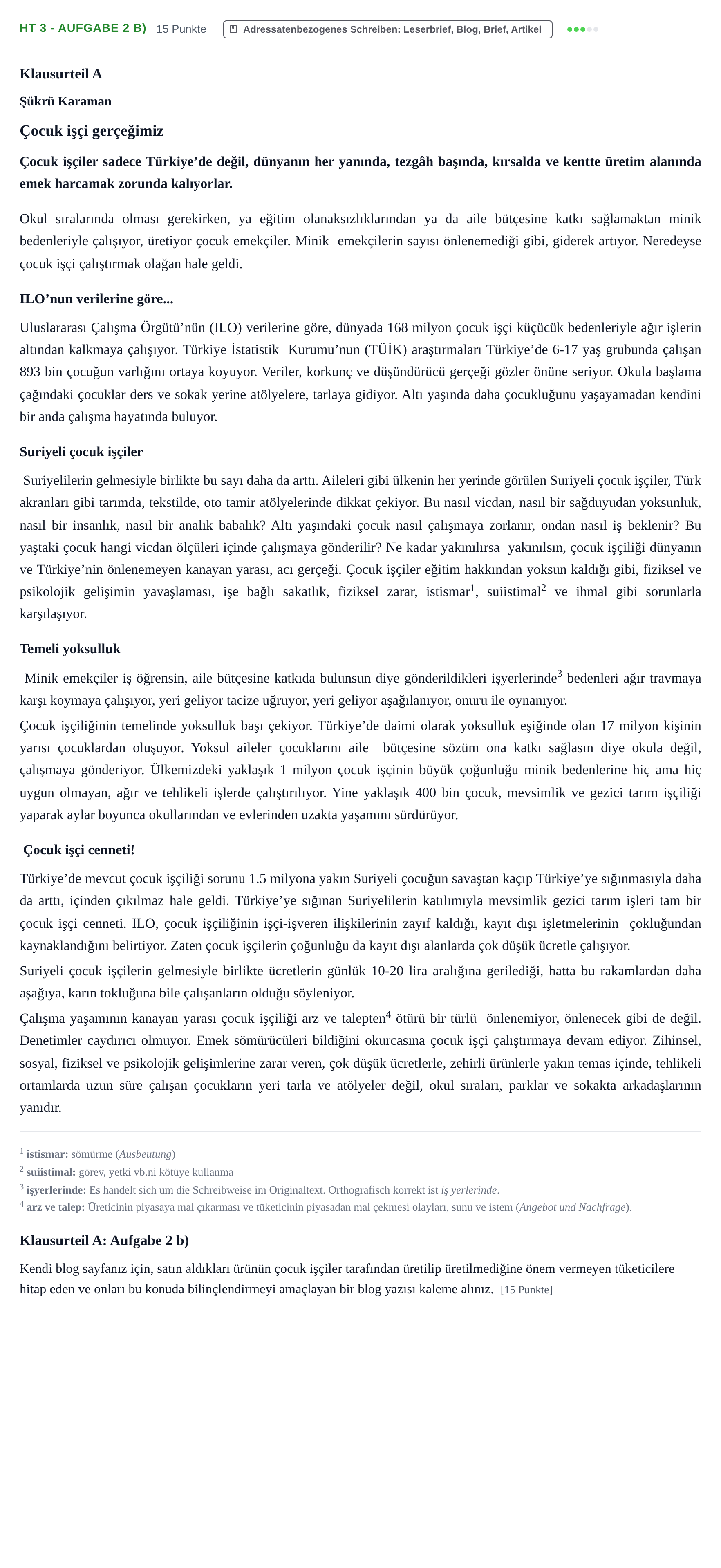 Aufgabenstellung: Aufgabe HT 3 - Aufgabe 2 b) · Abitur NRW Türkisch GK · Haupttermin · neu einsetzend · Weit 2021