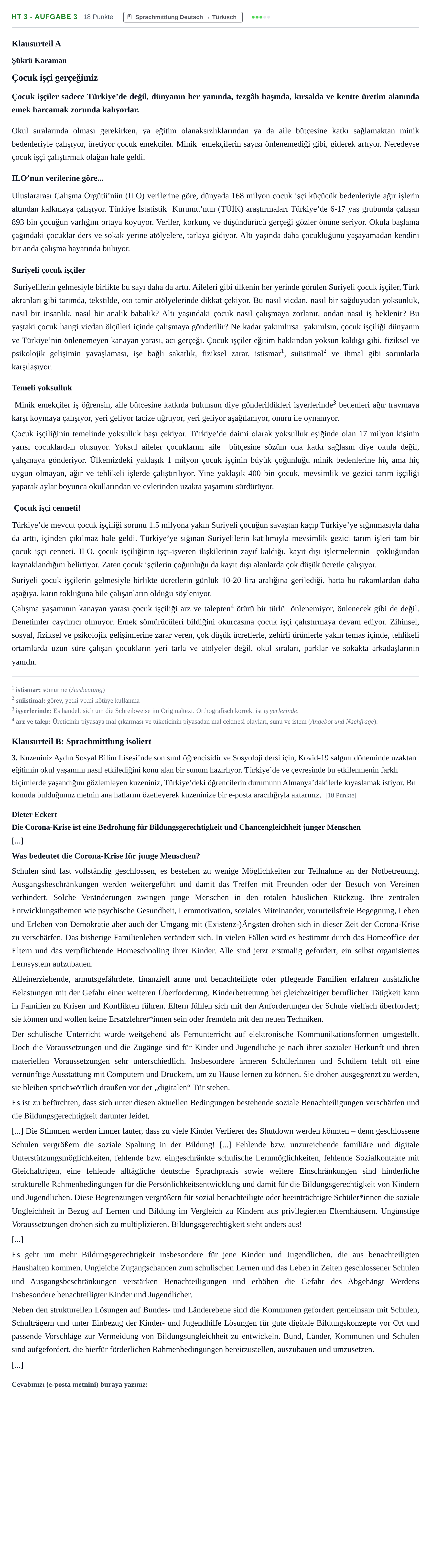 Aufgabenstellung: Aufgabe HT 3 - Aufgabe 3 · Abitur NRW Türkisch GK · Haupttermin · neu einsetzend · Weit 2021