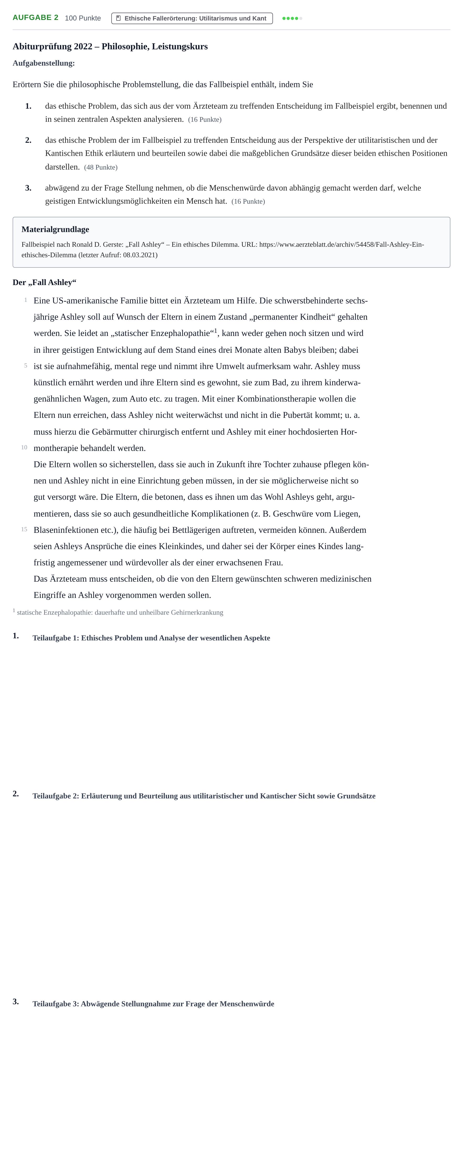 Aufgabenstellung: Aufgabe 2 · Abitur NRW Philosophie LK · Haupttermin 2022