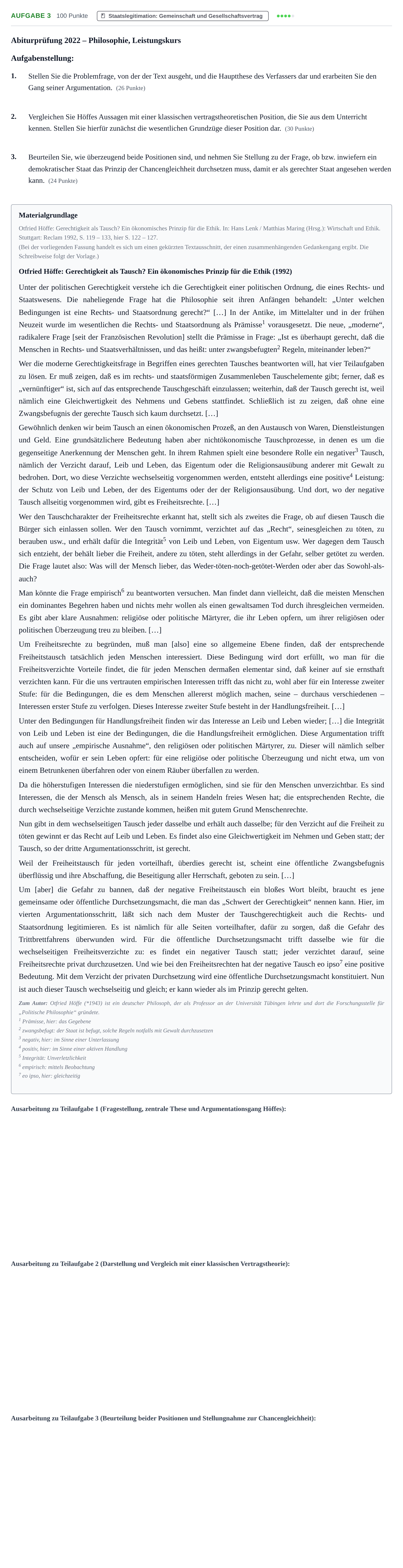 Aufgabenstellung: Aufgabe 3 · Abitur NRW Philosophie LK · Haupttermin · Weiterbildungskolleg 2022