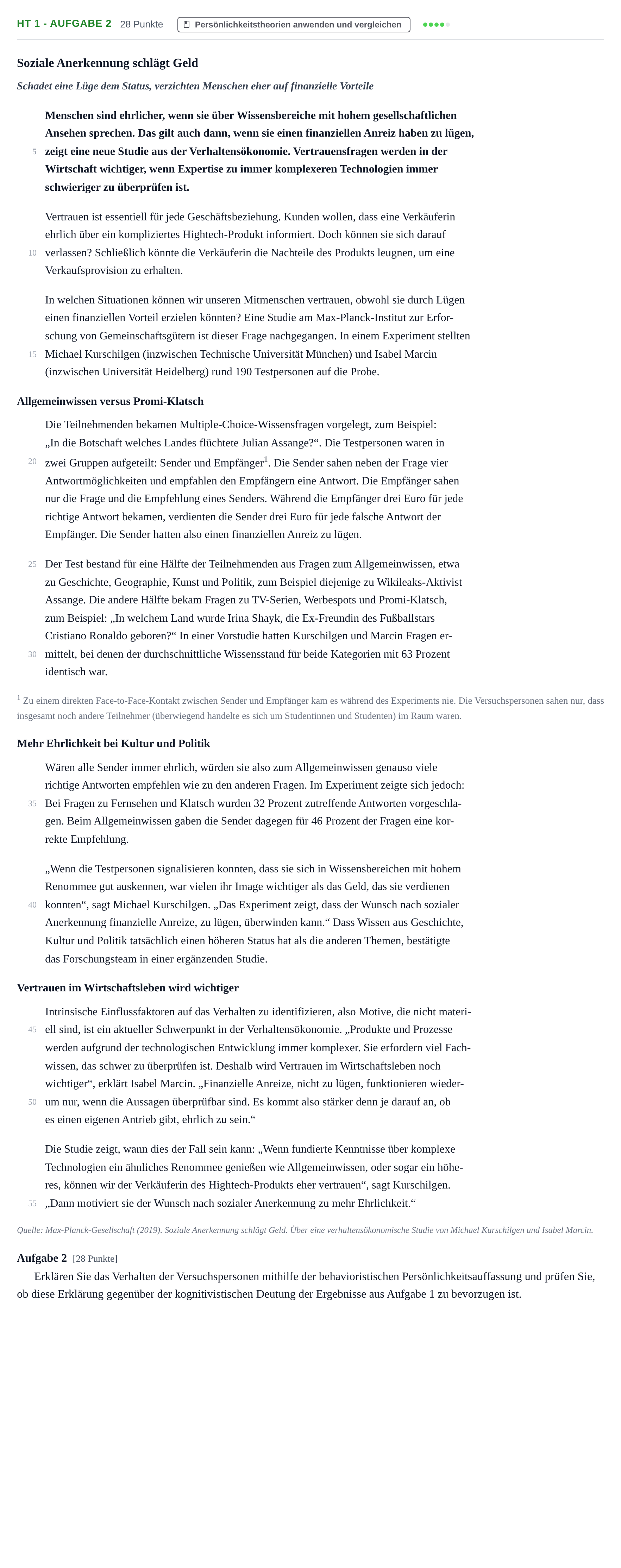 Aufgabenstellung: Aufgabe HT 1 - Aufgabe 2 · Abitur NRW Psychologie GK · Haupttermin · Weiterbildungskolleg 2021