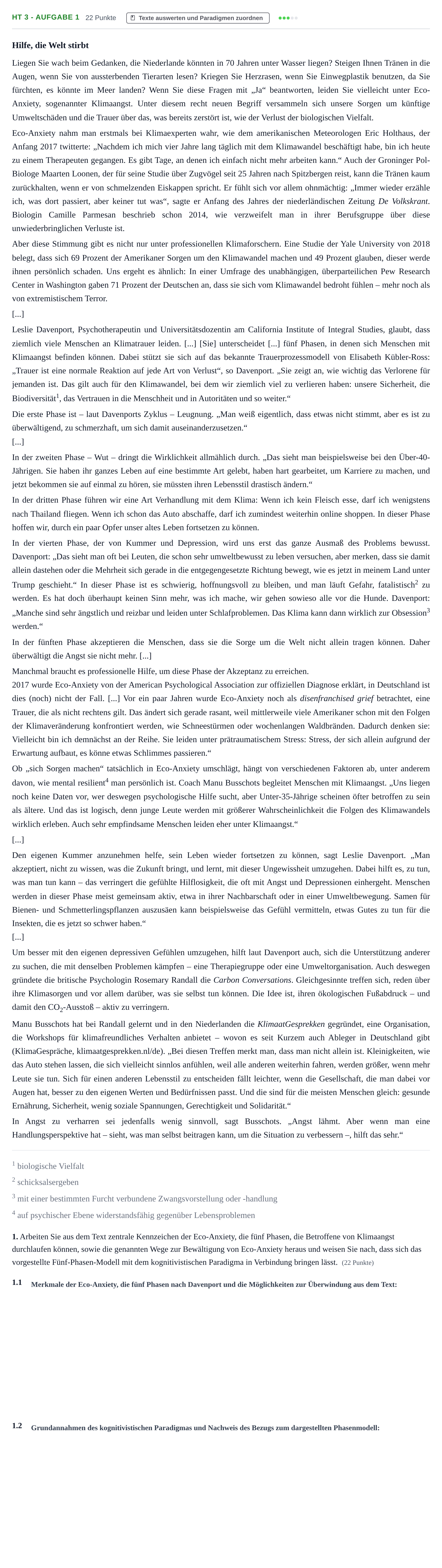 Aufgabenstellung: Aufgabe HT 3 - Aufgabe 1 · Abitur NRW Psychologie GK · Haupttermin · Weiterbildungskolleg 2021