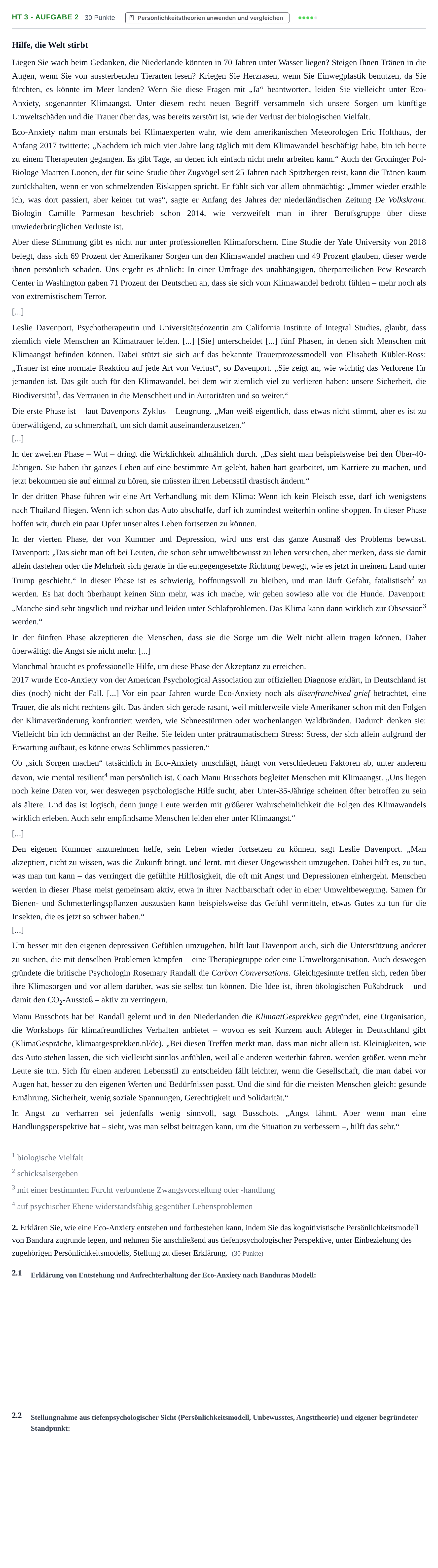 Aufgabenstellung: Aufgabe HT 3 - Aufgabe 2 · Abitur NRW Psychologie GK · Haupttermin · Weiterbildungskolleg 2021
