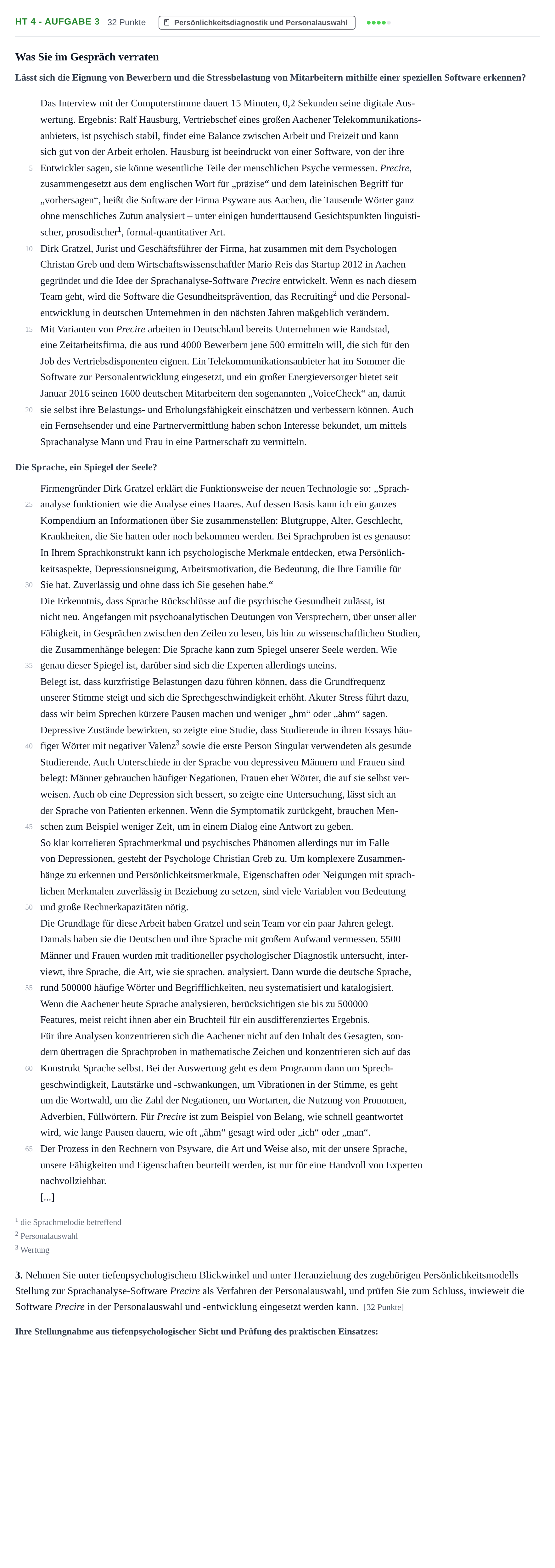 Aufgabenstellung: Aufgabe HT 4 - Aufgabe 3 · Abitur NRW Psychologie GK · Haupttermin · Weiterbildungskolleg 2021