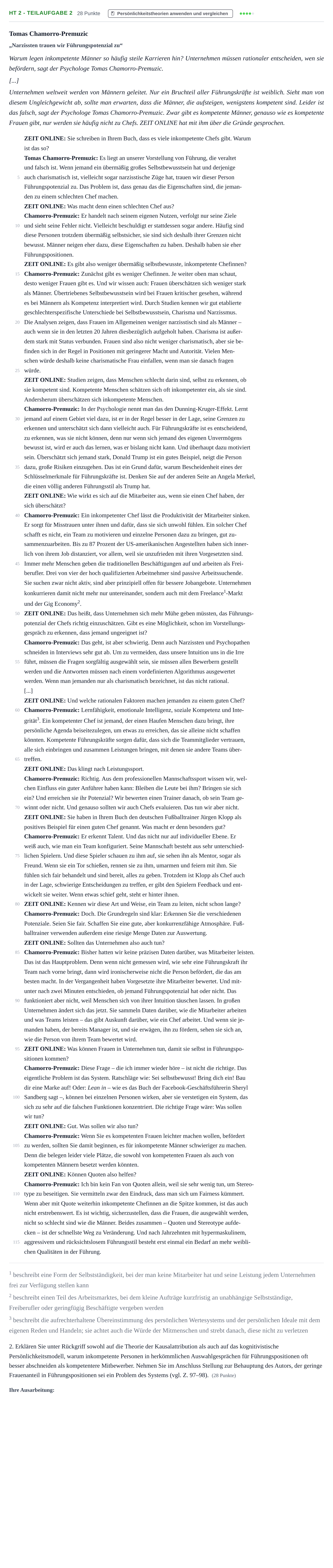 Aufgabenstellung: Aufgabe HT 2 - Teilaufgabe 2 · Abitur NRW Psychologie LK · Haupttermin 2021
