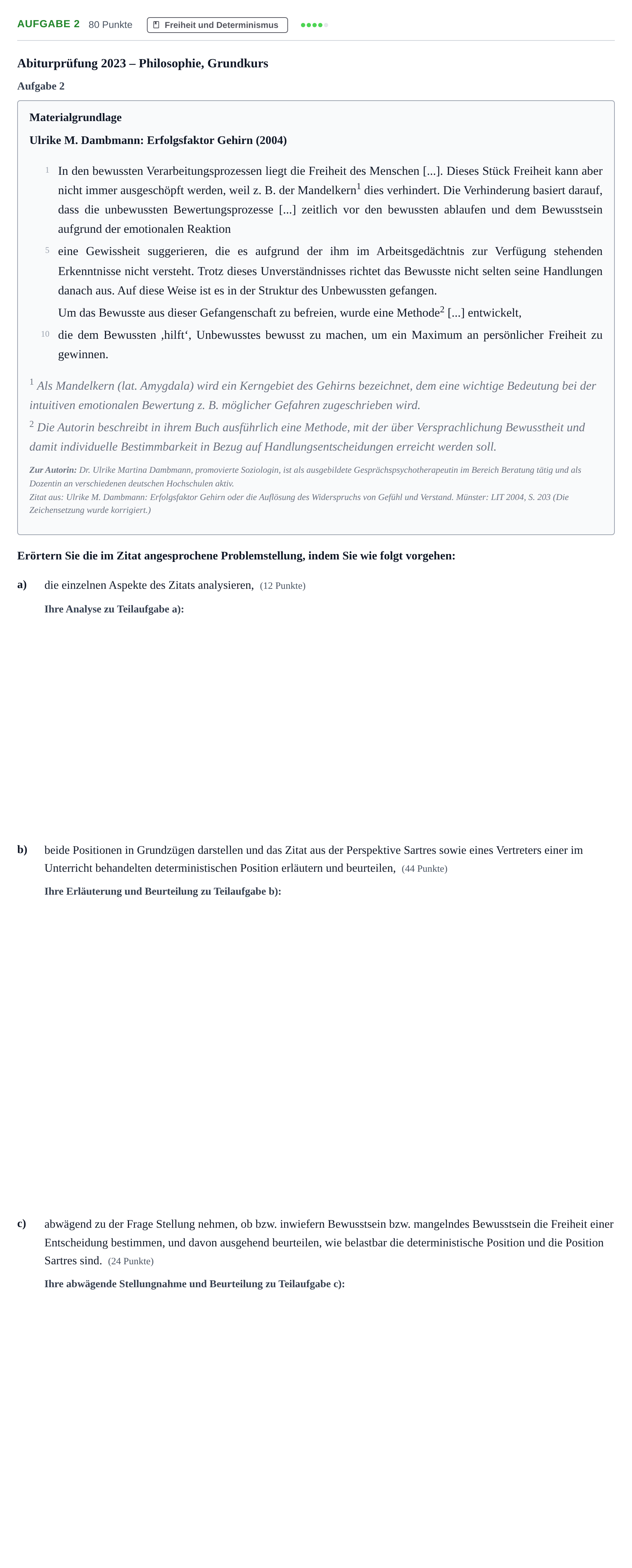 Aufgabenstellung: Aufgabe 2 · Abitur NRW Philosophie GK · Haupttermin · Weiterbildungskolleg 2023