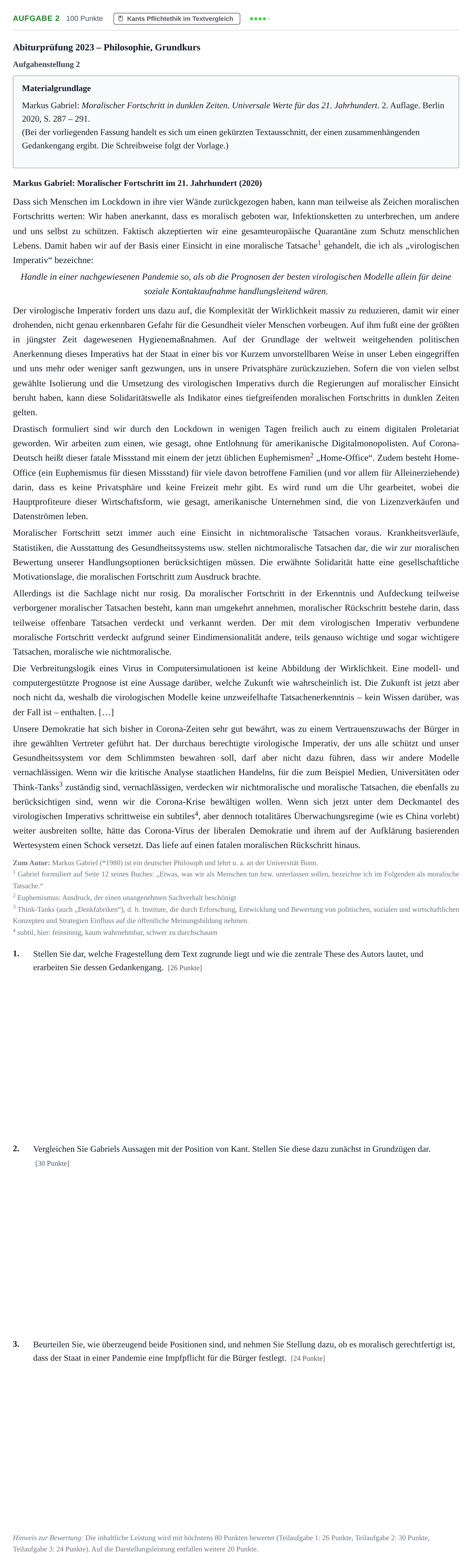 Aufgabenstellung: Aufgabe 2 · Abitur NRW Philosophie GK · Nachtermin 2023