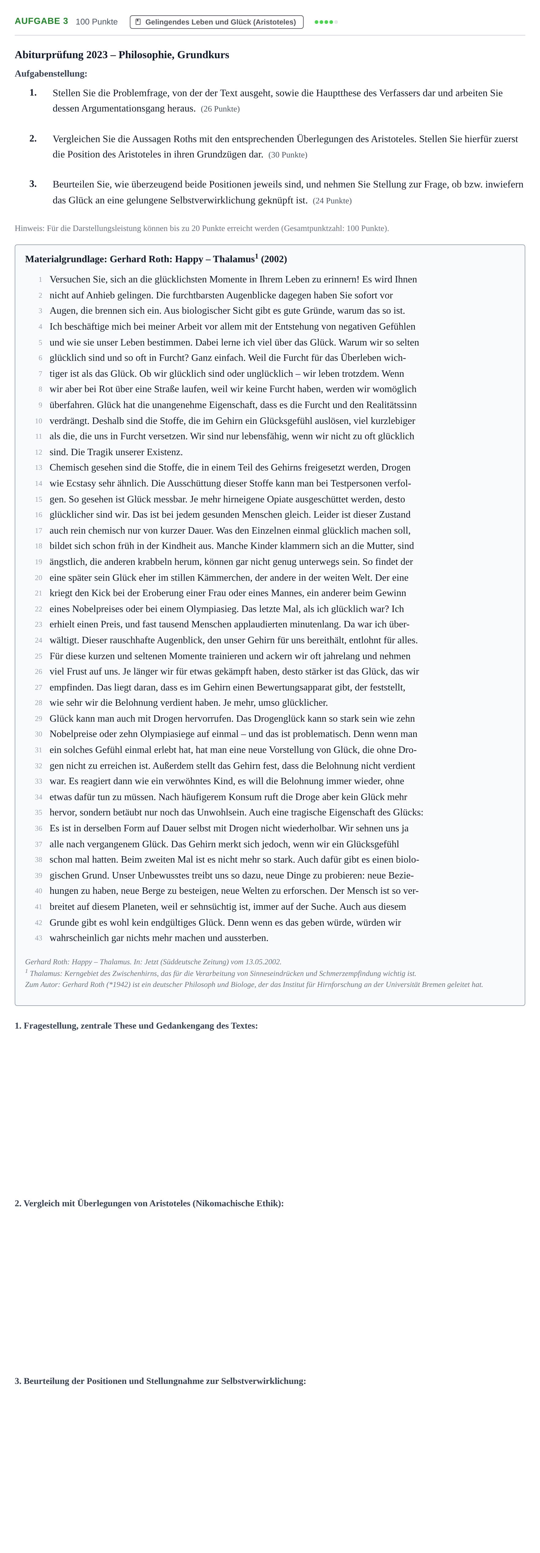 Aufgabenstellung: Aufgabe 3 · Abitur NRW Philosophie GK · Nachtermin 2023
