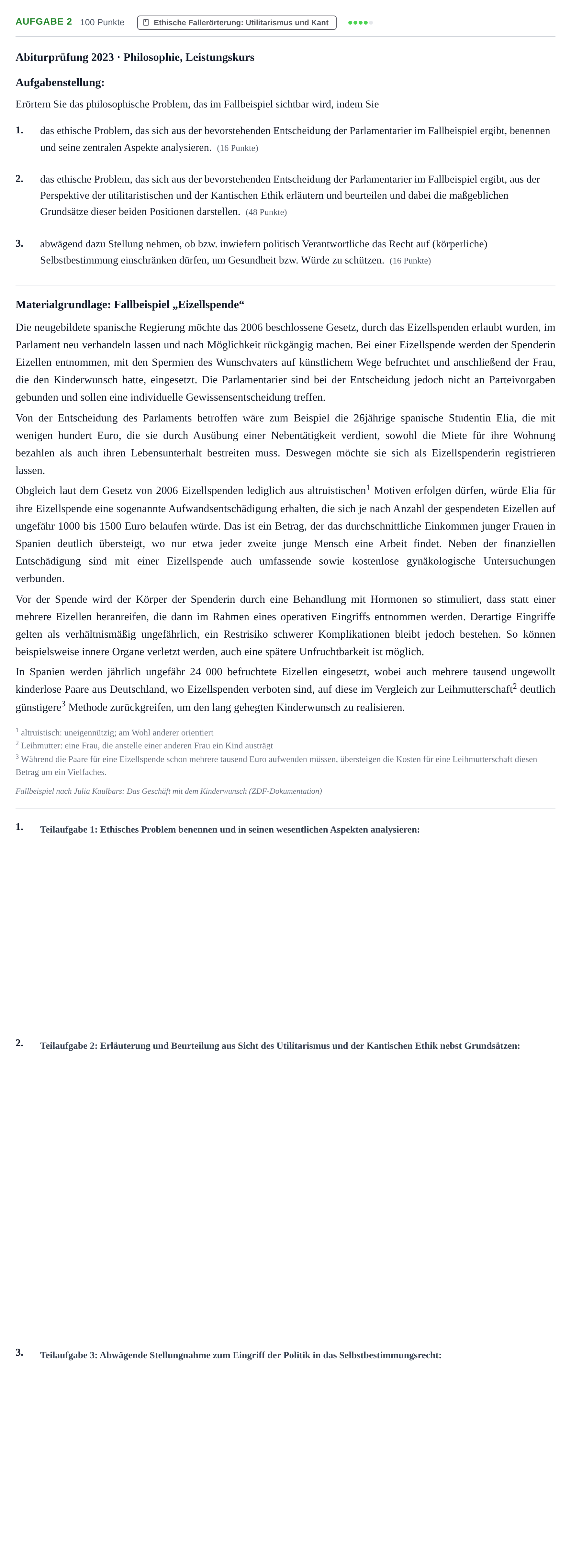 Aufgabenstellung: Aufgabe 2 · Abitur NRW Philosophie LK · Haupttermin 2023