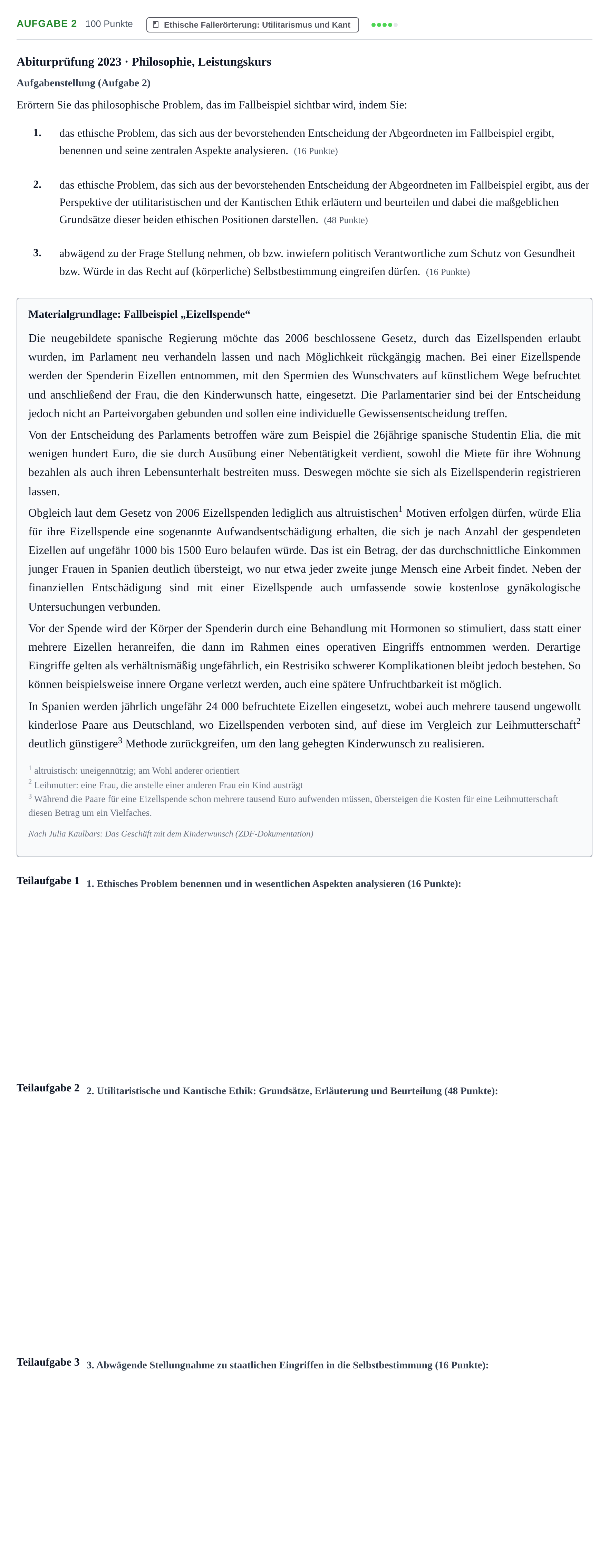 Aufgabenstellung: Aufgabe 2 · Abitur NRW Philosophie LK · Haupttermin · Weiterbildungskolleg 2023