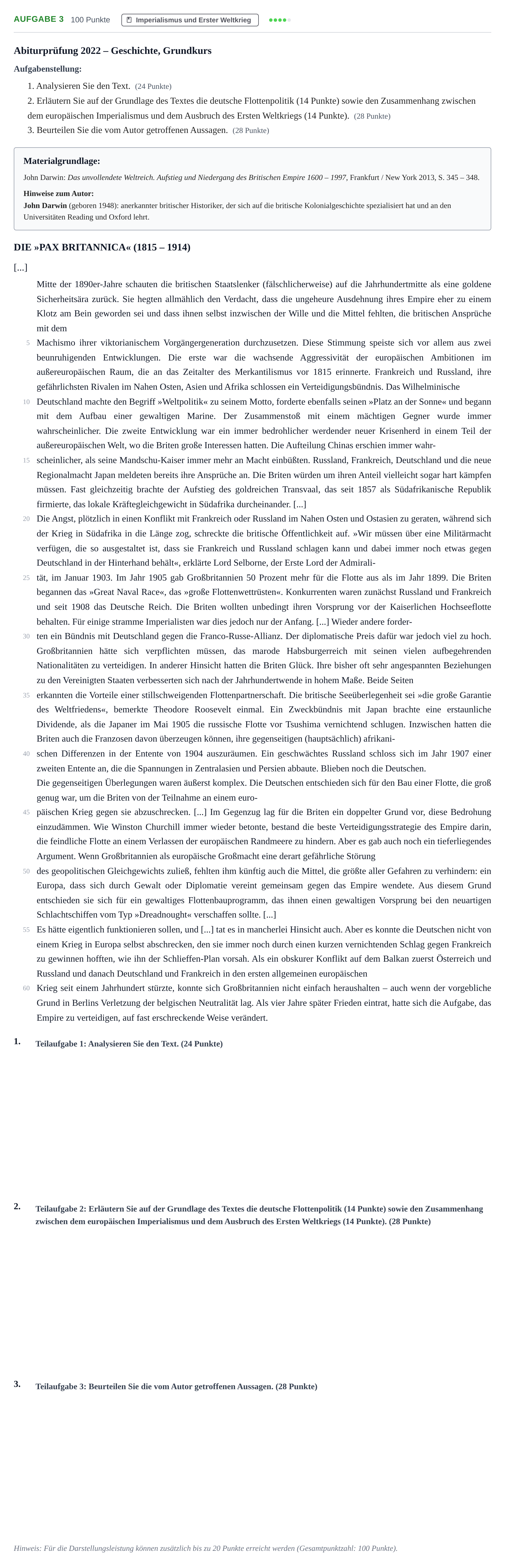 Aufgabenstellung: Aufgabe 3 · Abitur NRW Geschichte GK · Nachtermin 2022