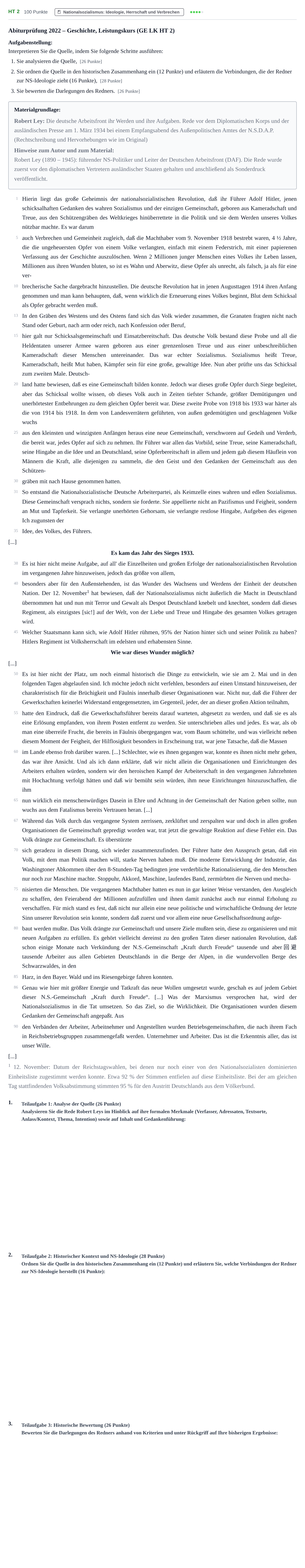 Aufgabenstellung: Aufgabe HT 2 · Abitur NRW Geschichte LK · Haupttermin 2022
