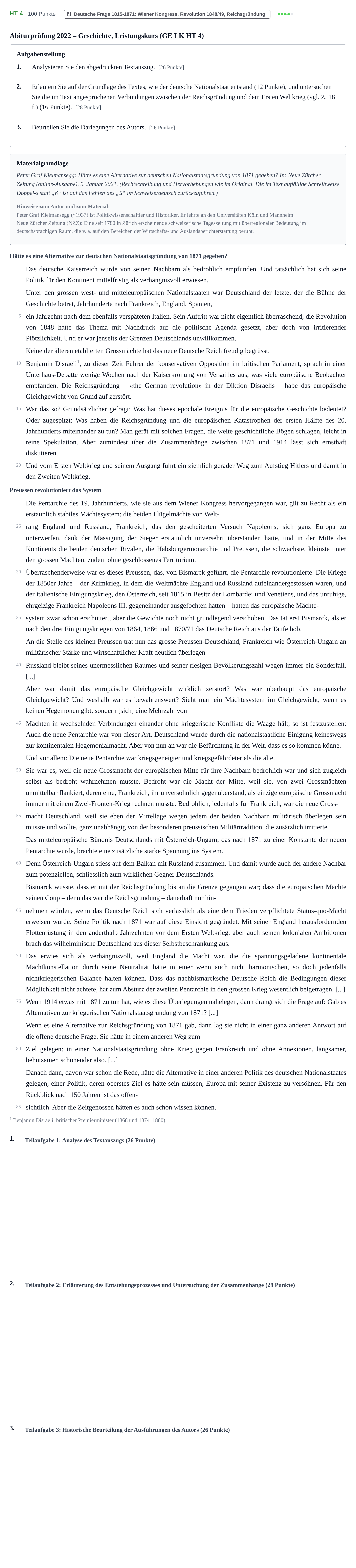 Aufgabenstellung: Aufgabe HT 4 · Abitur NRW Geschichte LK · Haupttermin 2022