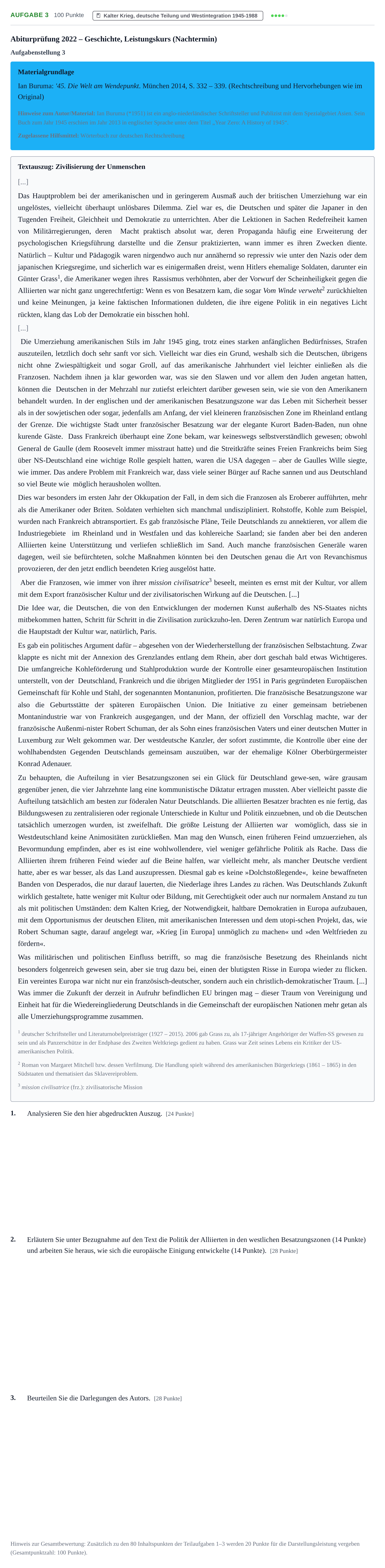 Aufgabenstellung: Aufgabe 3 · Abitur NRW Geschichte LK · Nachtermin 2022