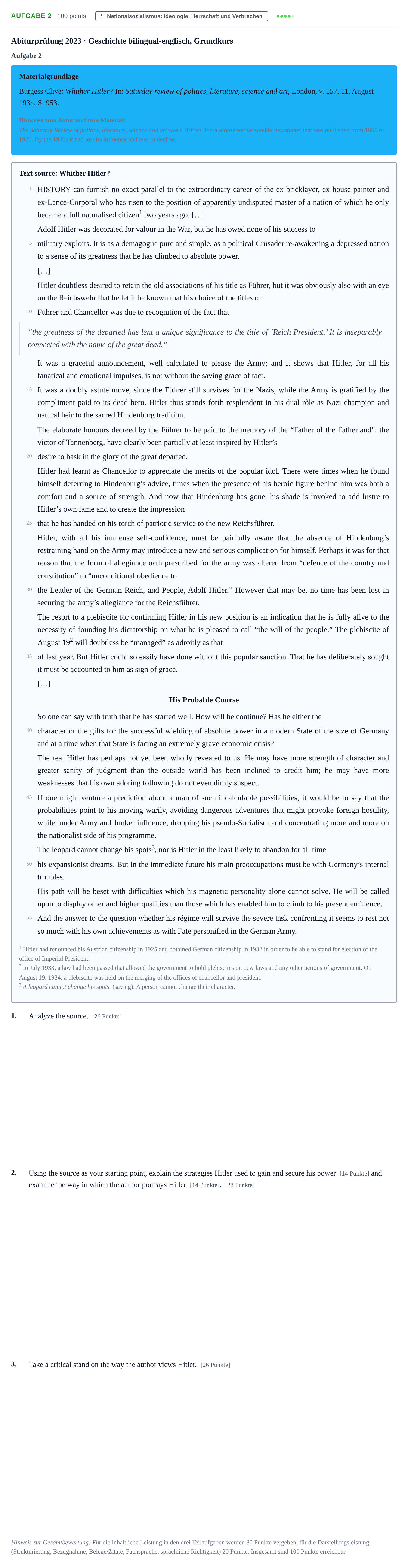 Aufgabenstellung: Aufgabe 2 · Abitur NRW Geschichte GK · Nachtermin · bilingual Englisch 2023