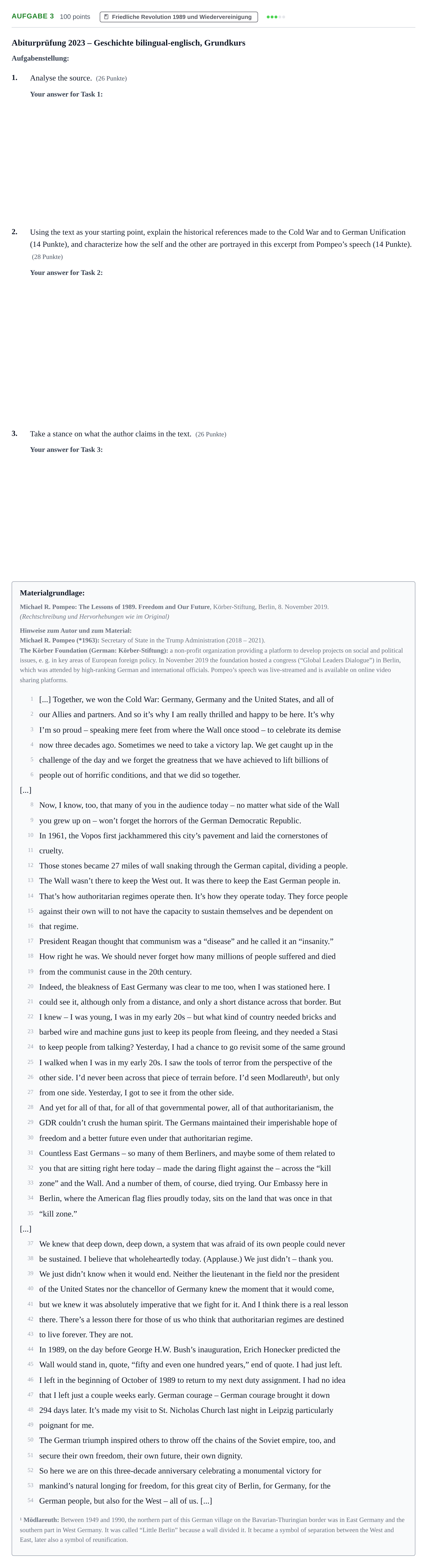 Aufgabenstellung: Aufgabe 3 · Abitur NRW Geschichte GK · Nachtermin · bilingual Englisch 2023