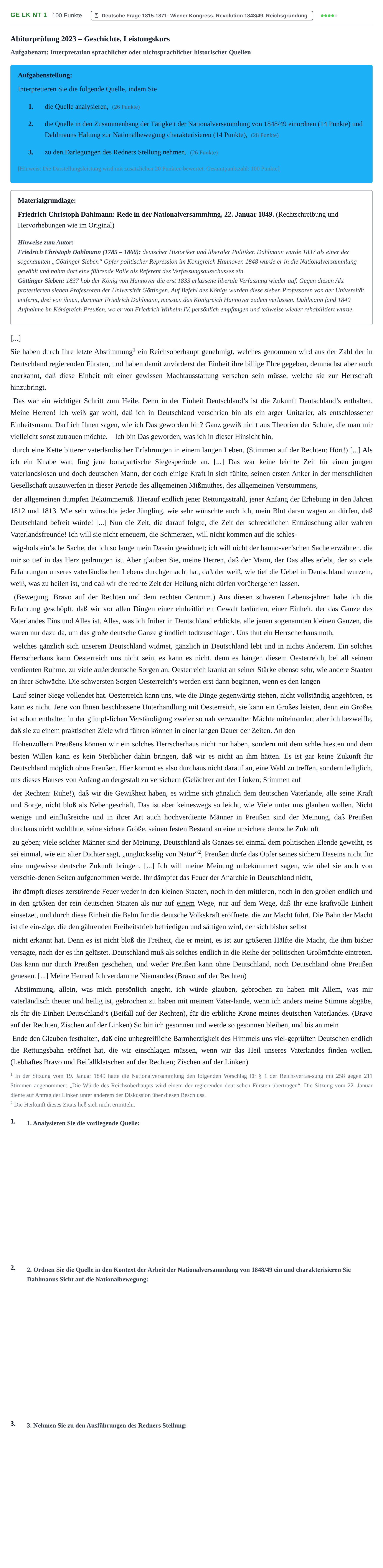 Aufgabenstellung: Aufgabe GE LK NT 1 · Abitur NRW Geschichte LK · Nachtermin 2023