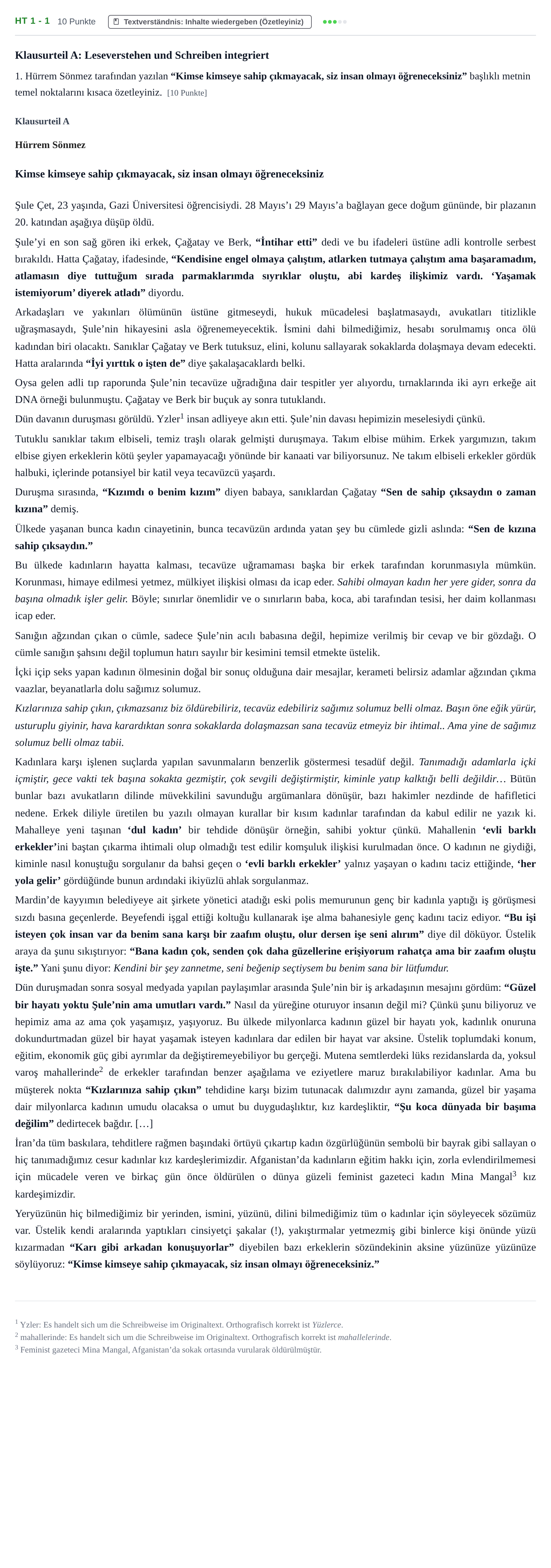 Aufgabenstellung: Aufgabe HT 1 - 1 · Abitur NRW Türkisch LK · Haupttermin · fortgeführt 2021