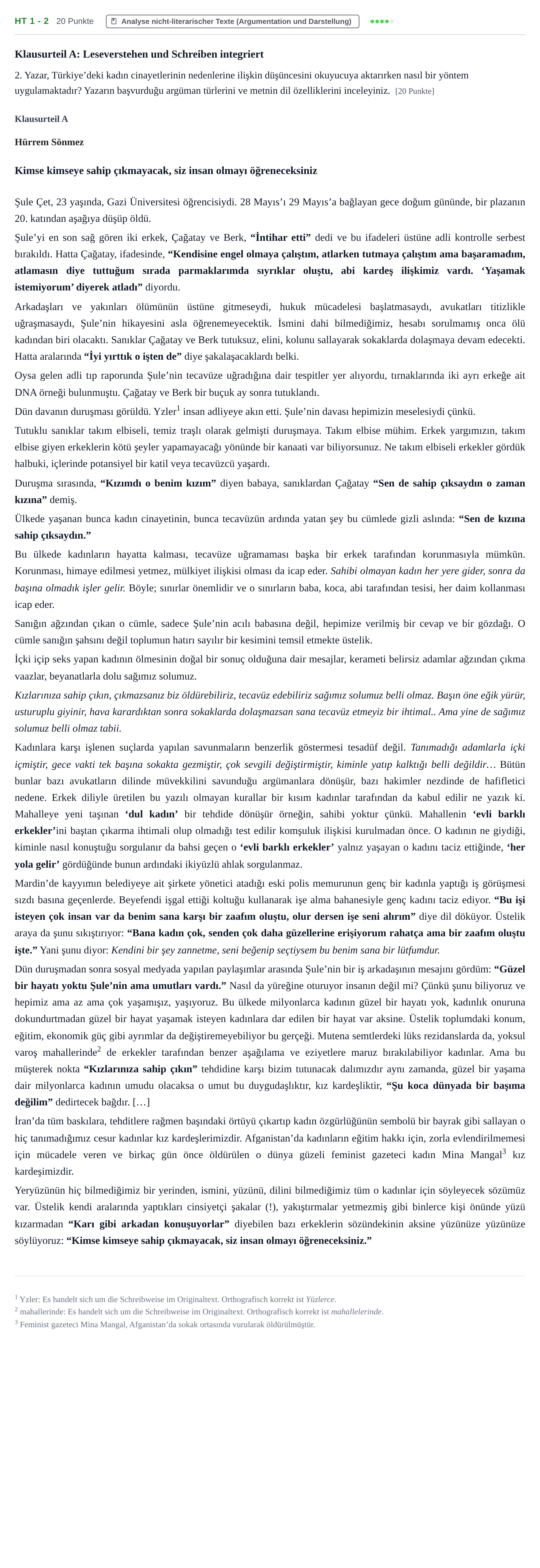 Aufgabenstellung: Aufgabe HT 1 - 2 · Abitur NRW Türkisch LK · Haupttermin · fortgeführt 2021