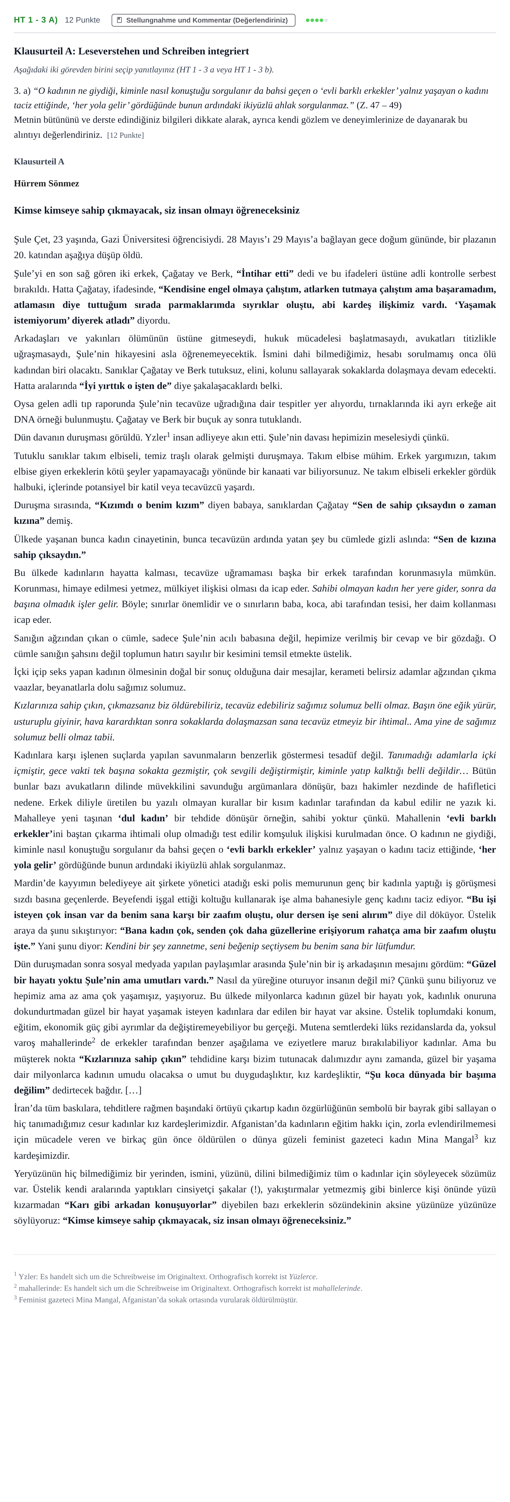 Aufgabenstellung: Aufgabe HT 1 - 3 a) · Abitur NRW Türkisch LK · Haupttermin · fortgeführt 2021