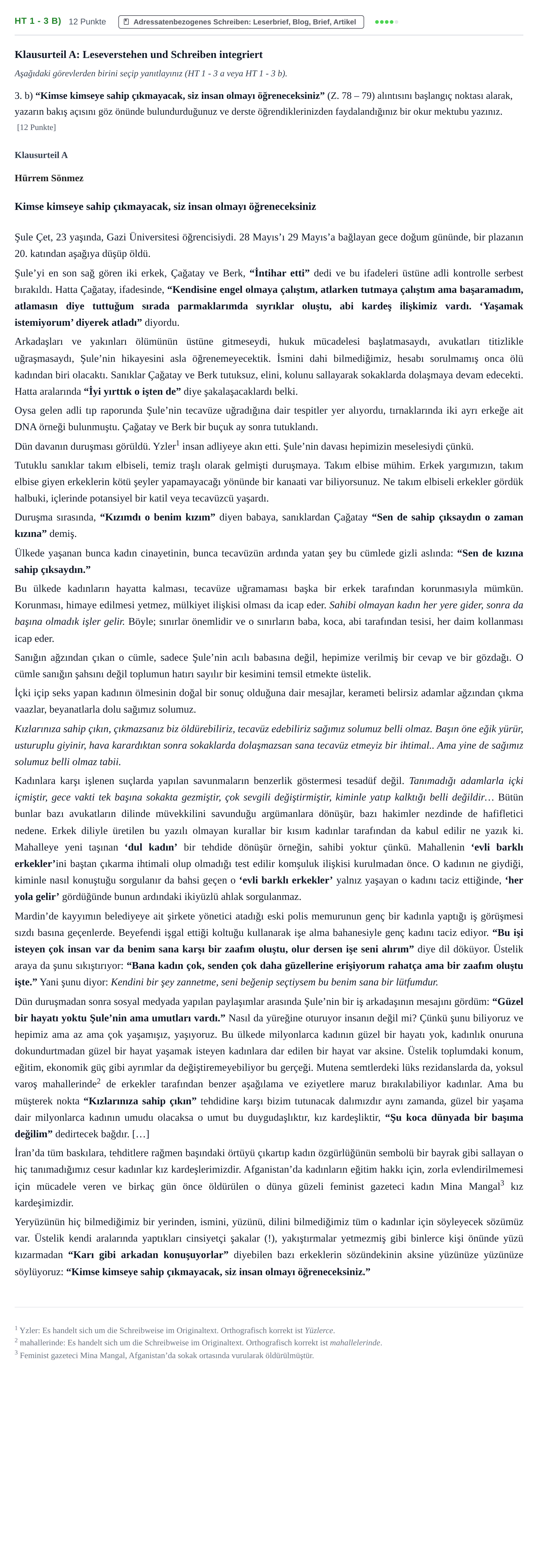 Aufgabenstellung: Aufgabe HT 1 - 3 b) · Abitur NRW Türkisch LK · Haupttermin · fortgeführt 2021