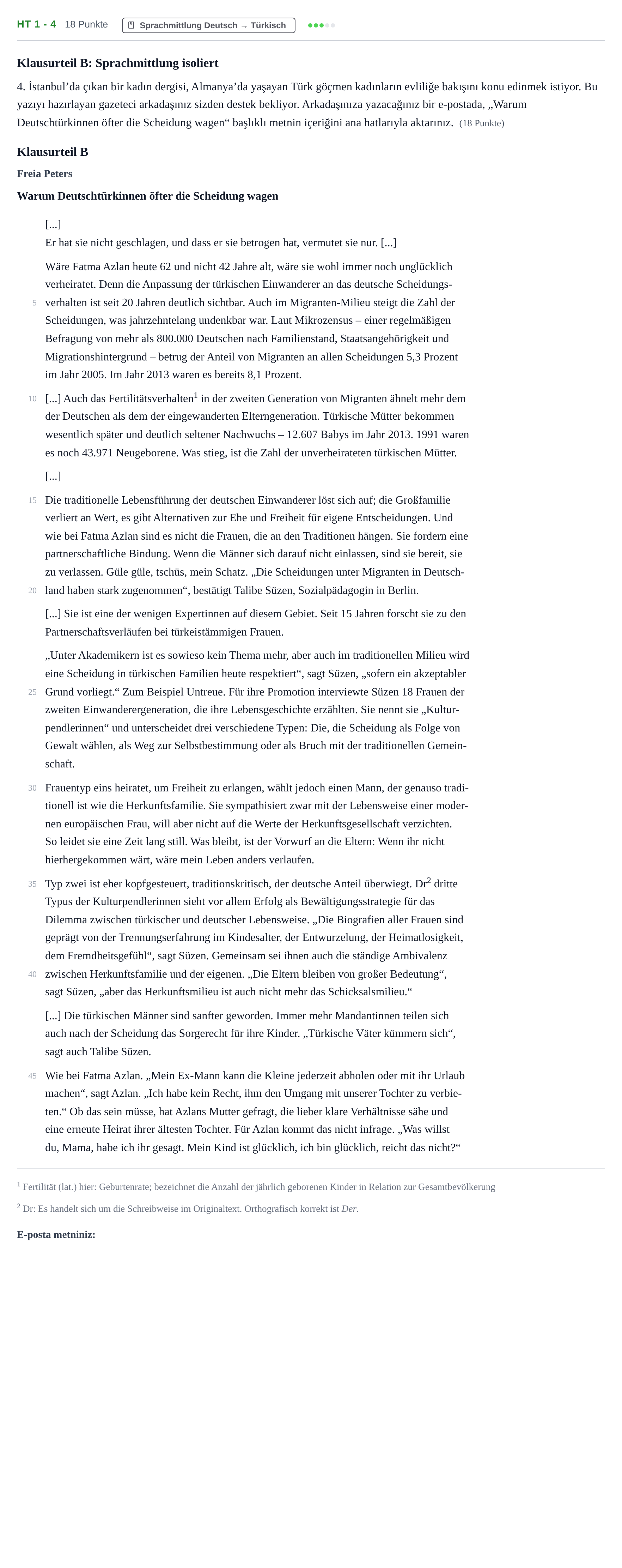 Aufgabenstellung: Aufgabe HT 1 - 4 · Abitur NRW Türkisch LK · Haupttermin · fortgeführt 2021