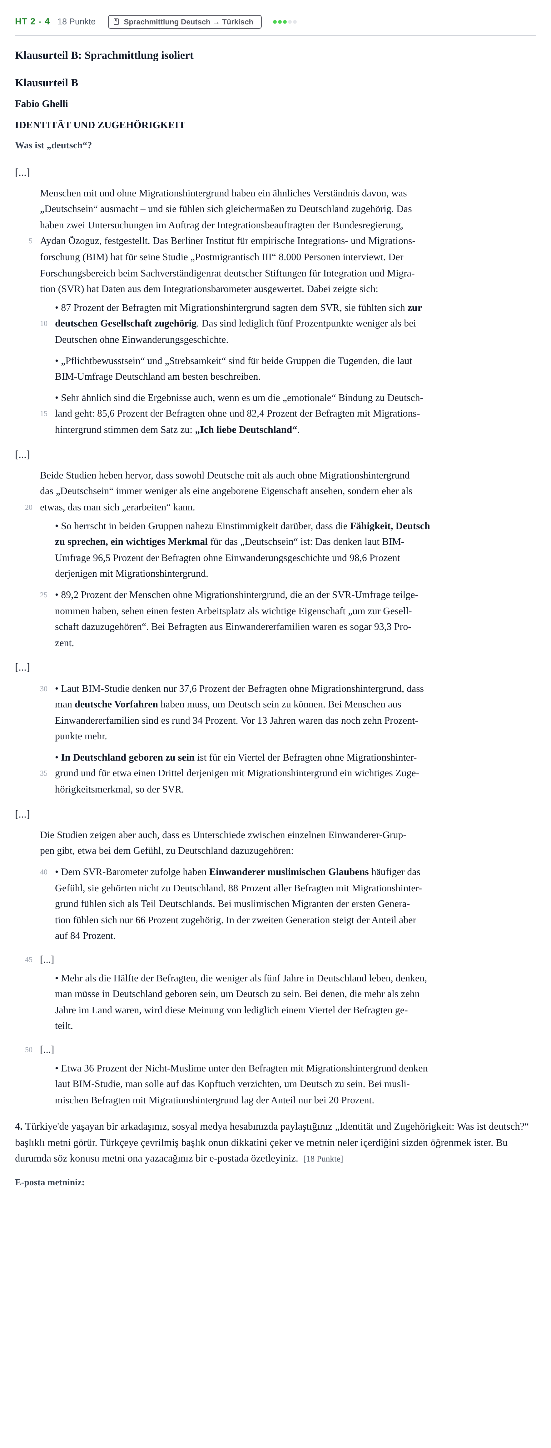 Aufgabenstellung: Aufgabe HT 2 - 4 · Abitur NRW Türkisch LK · Haupttermin · fortgeführt 2021