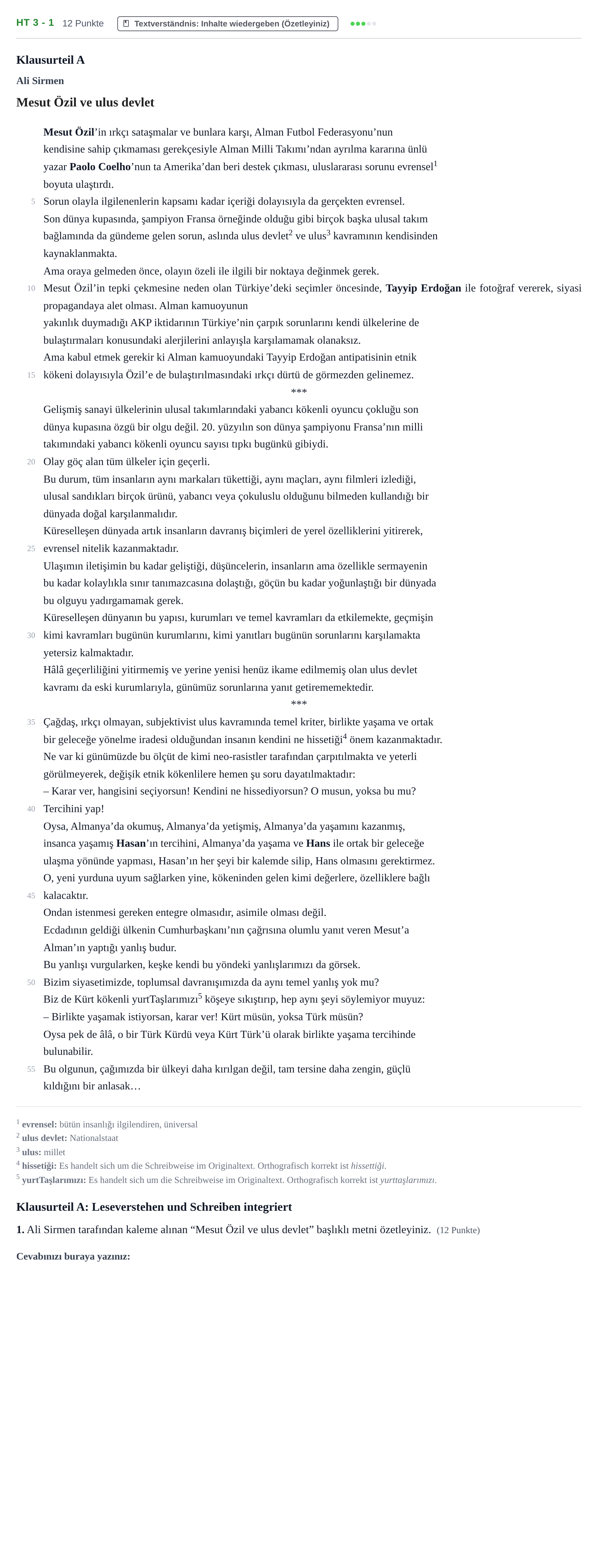 Aufgabenstellung: Aufgabe HT 3 - 1 · Abitur NRW Türkisch LK · Haupttermin · fortgeführt 2021