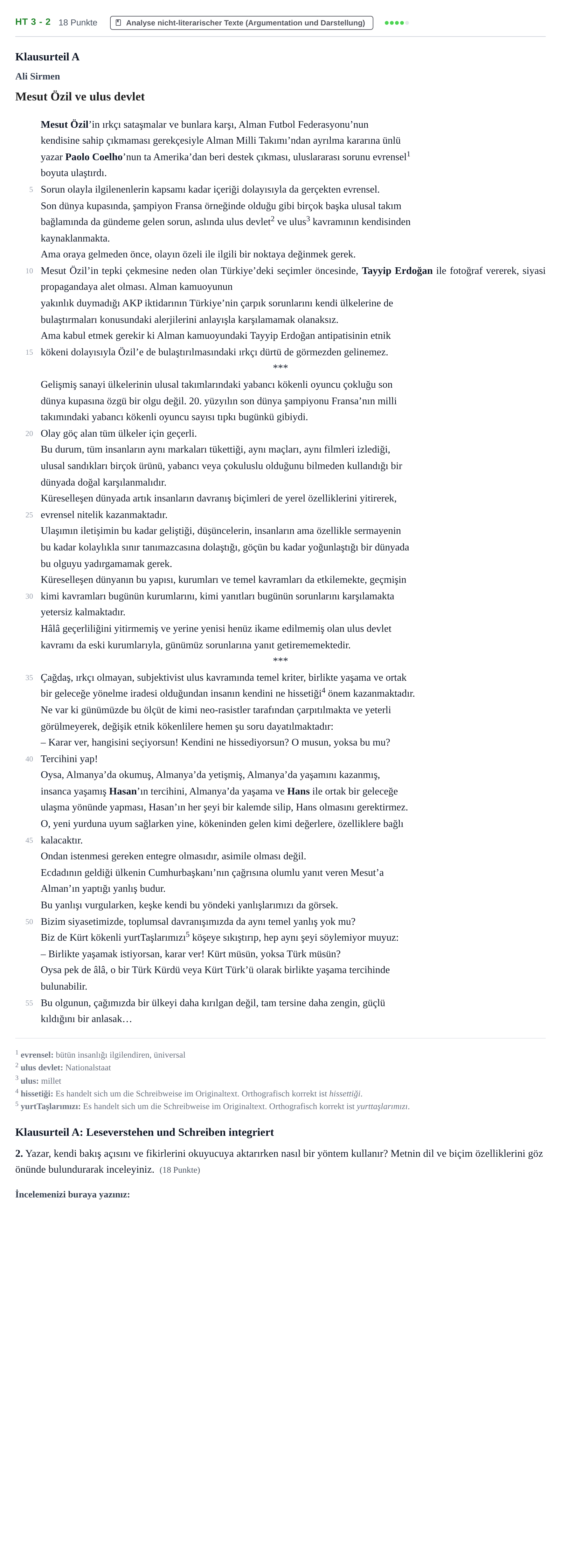 Aufgabenstellung: Aufgabe HT 3 - 2 · Abitur NRW Türkisch LK · Haupttermin · fortgeführt 2021