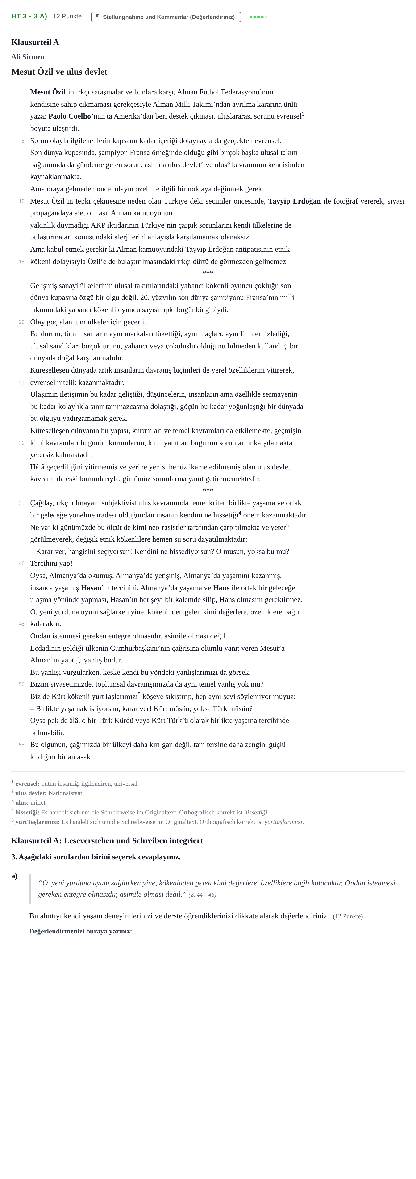 Aufgabenstellung: Aufgabe HT 3 - 3 a) · Abitur NRW Türkisch LK · Haupttermin · fortgeführt 2021
