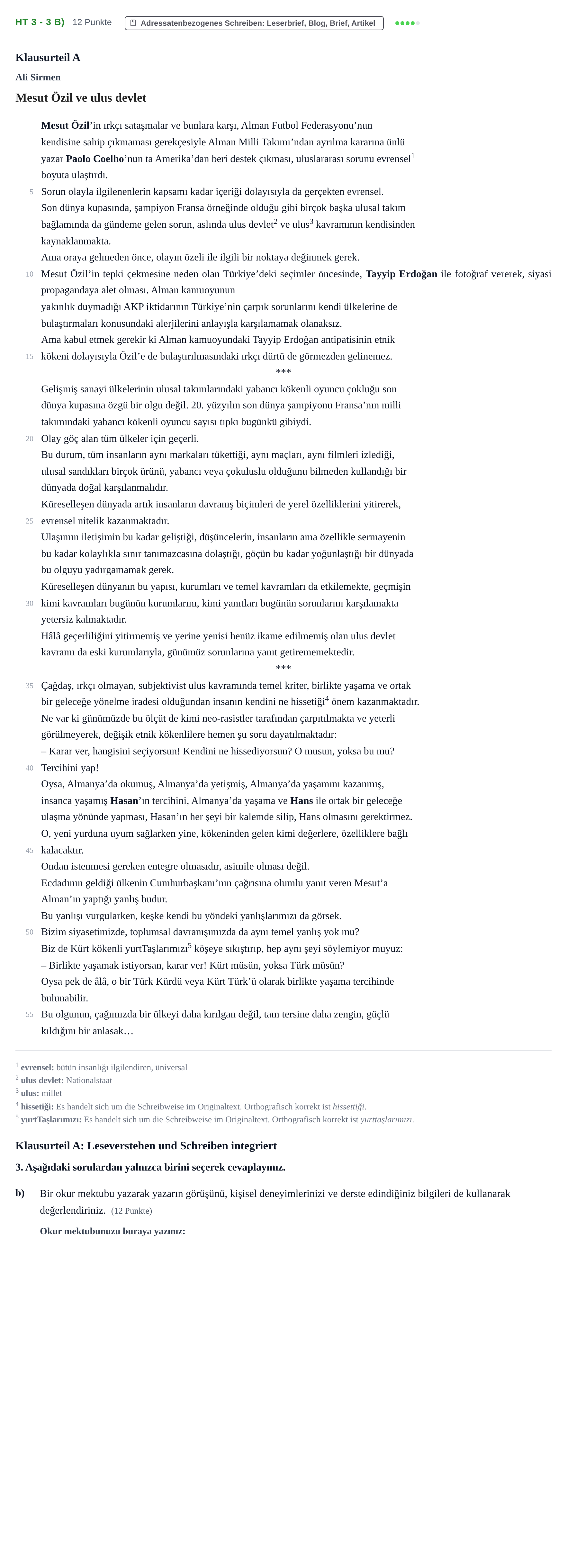 Aufgabenstellung: Aufgabe HT 3 - 3 b) · Abitur NRW Türkisch LK · Haupttermin · fortgeführt 2021
