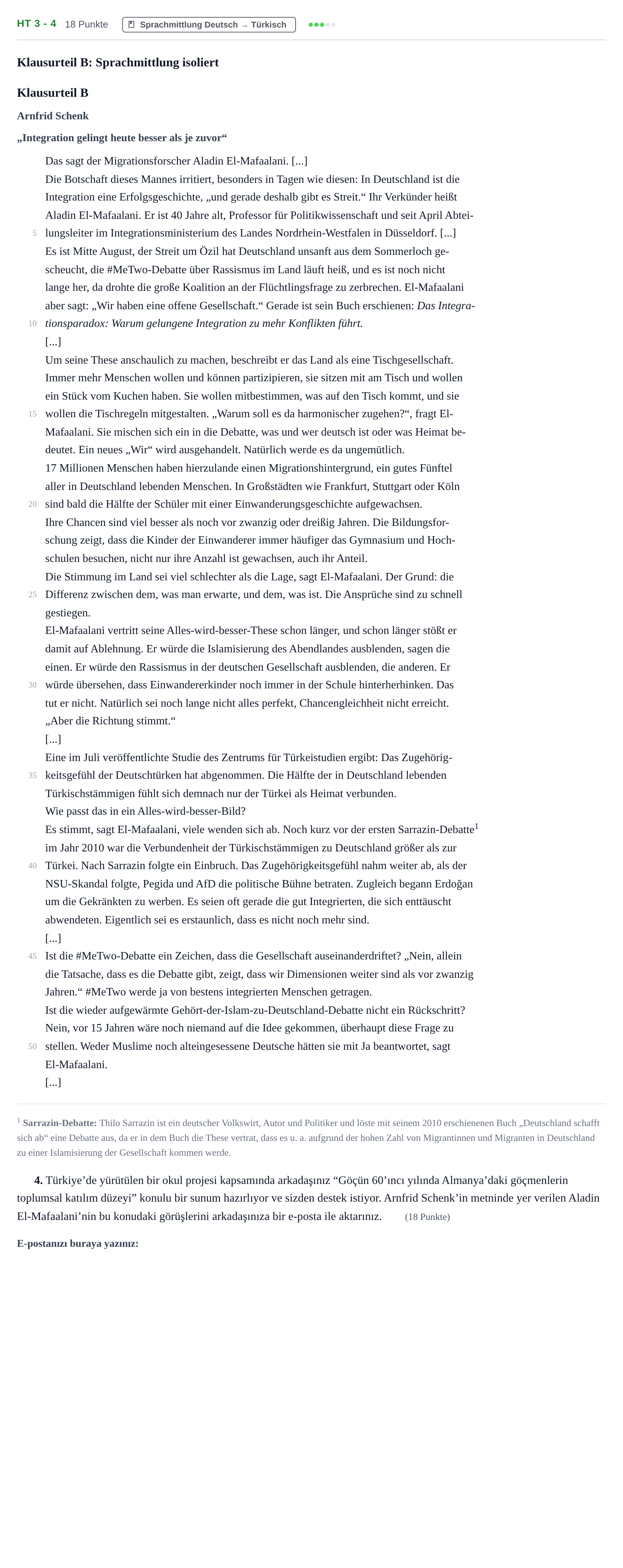 Aufgabenstellung: Aufgabe HT 3 - 4 · Abitur NRW Türkisch LK · Haupttermin · fortgeführt 2021