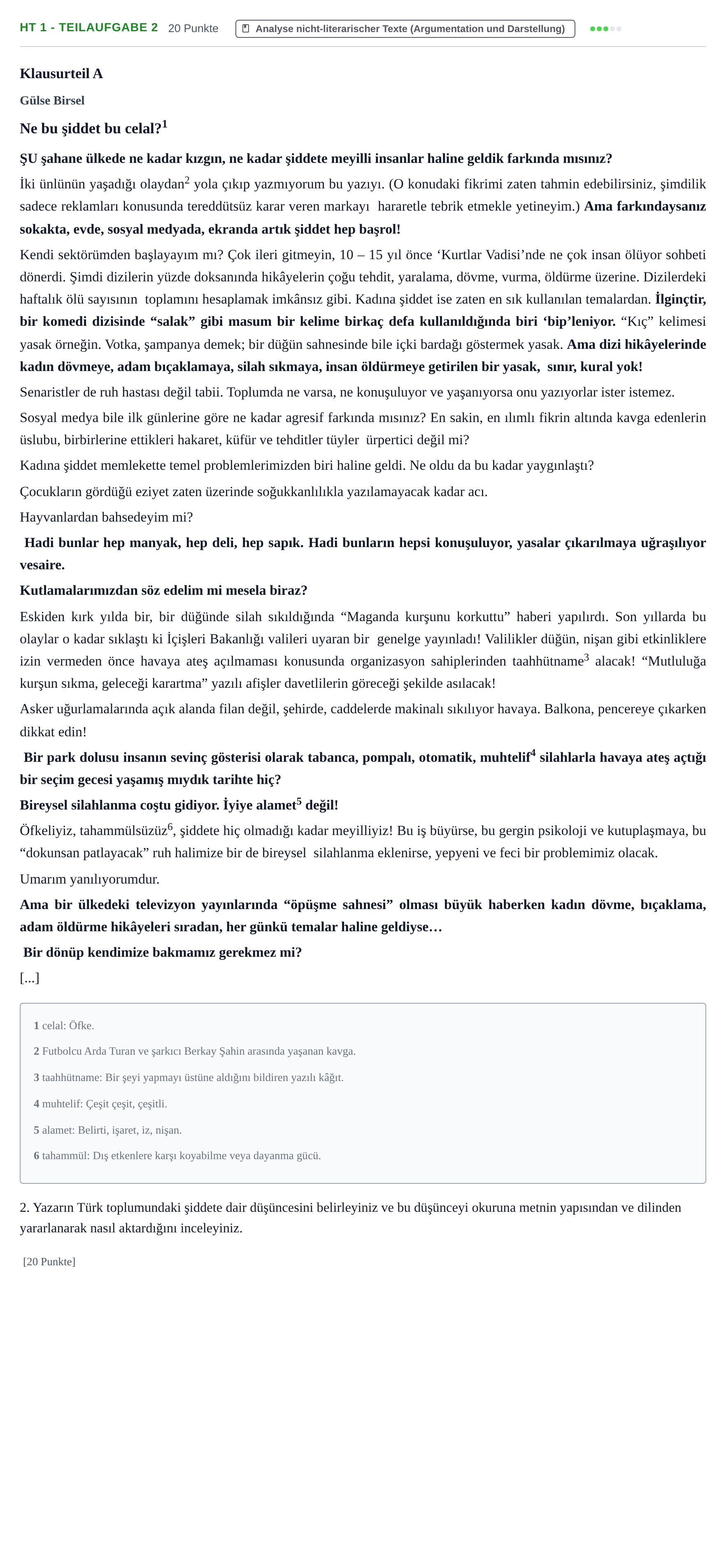 Aufgabenstellung: Aufgabe HT 1 - Teilaufgabe 2 · Abitur NRW Türkisch GK · Haupttermin · fortgeführt 2022